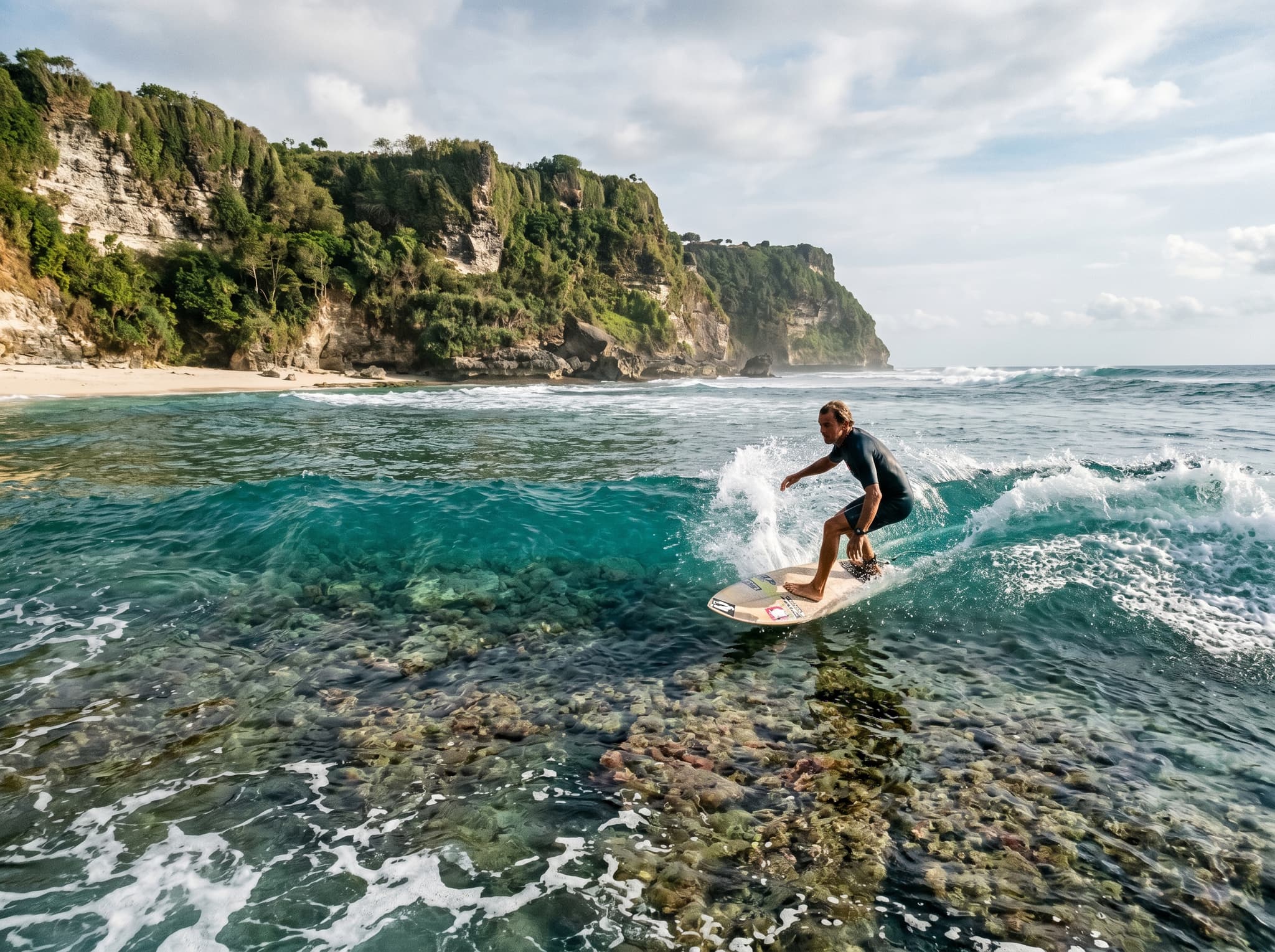 A surfer paddling out or riding a wave at Green Bowl Beach's reef break, Bukit Peninsula — shallow reef visible beneath clear water, illustrating the beach's reputation as a challenging surf spot unsuitable for beginners