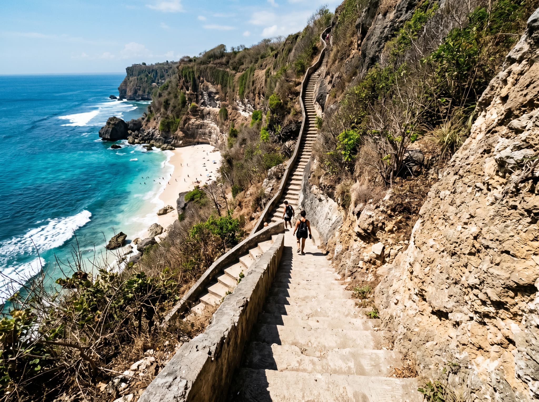 The steep concrete staircase descending the cliff face to Green Bowl Beach, Bukit Peninsula — roughly 300 unshaded steps cut into dry limestone scrubland, illustrating the physical commitment required to access the beach