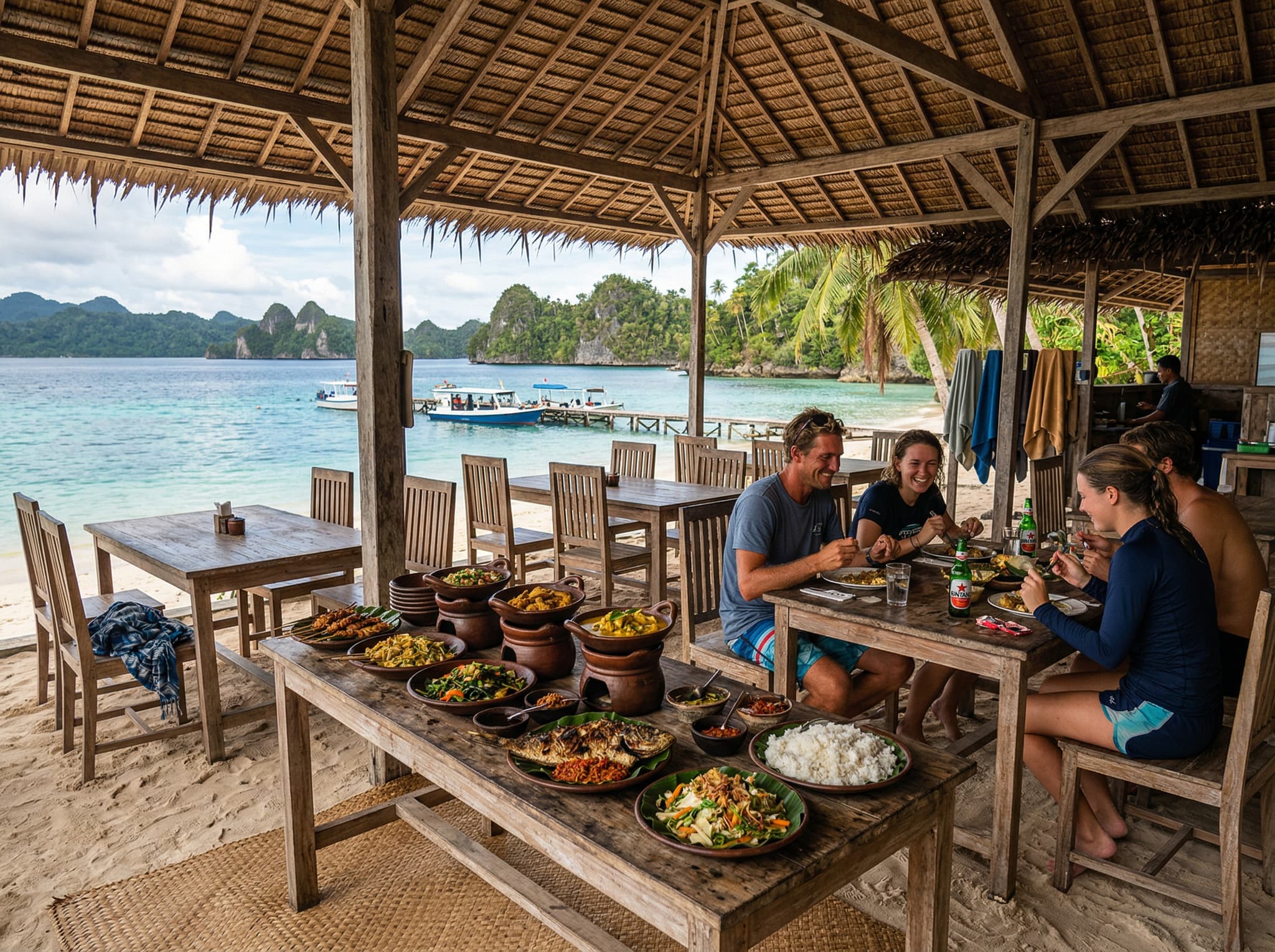 Resort restaurant or communal dining area at a remote Raja Ampat eco lodge — illustrating the buffet-style communal dining experience described in the article, where guests share meals and swap dive stories in an open-air setting