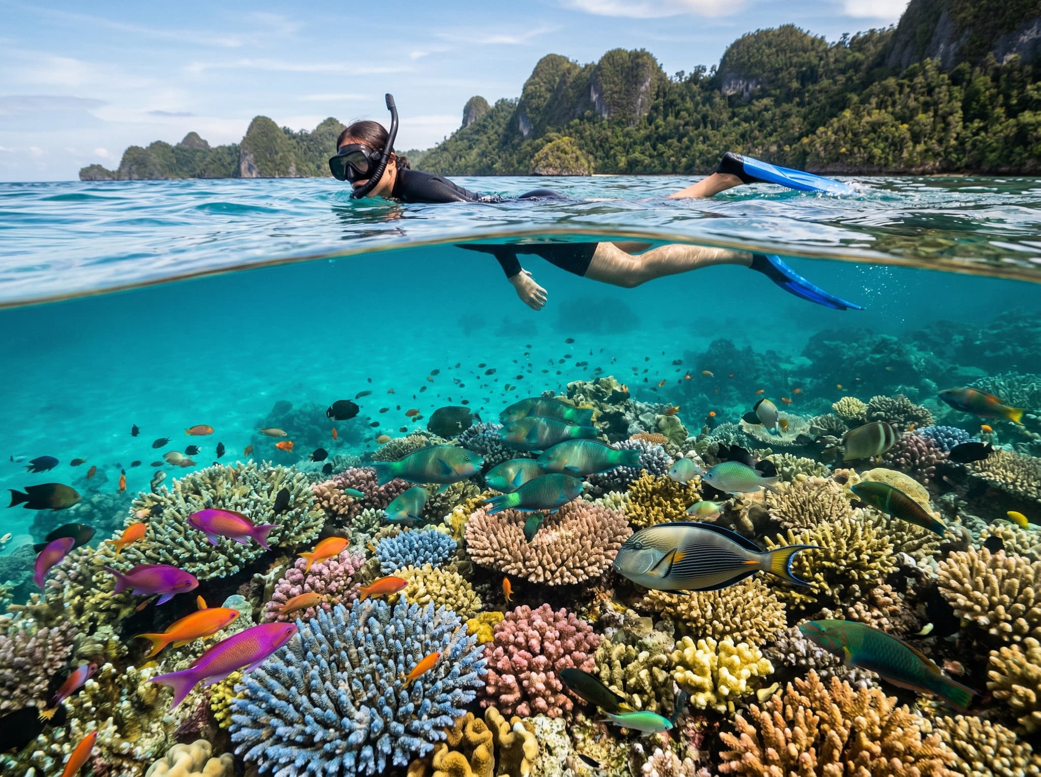 Snorkeler at the surface above a shallow coral reef in Raja Ampat, Indonesia — supporting the article's section on non-divers, illustrating that the extraordinary marine life at sites like Blue Magic and The Passage is accessible from the surface, while contextualizing the value question for non-diving guests