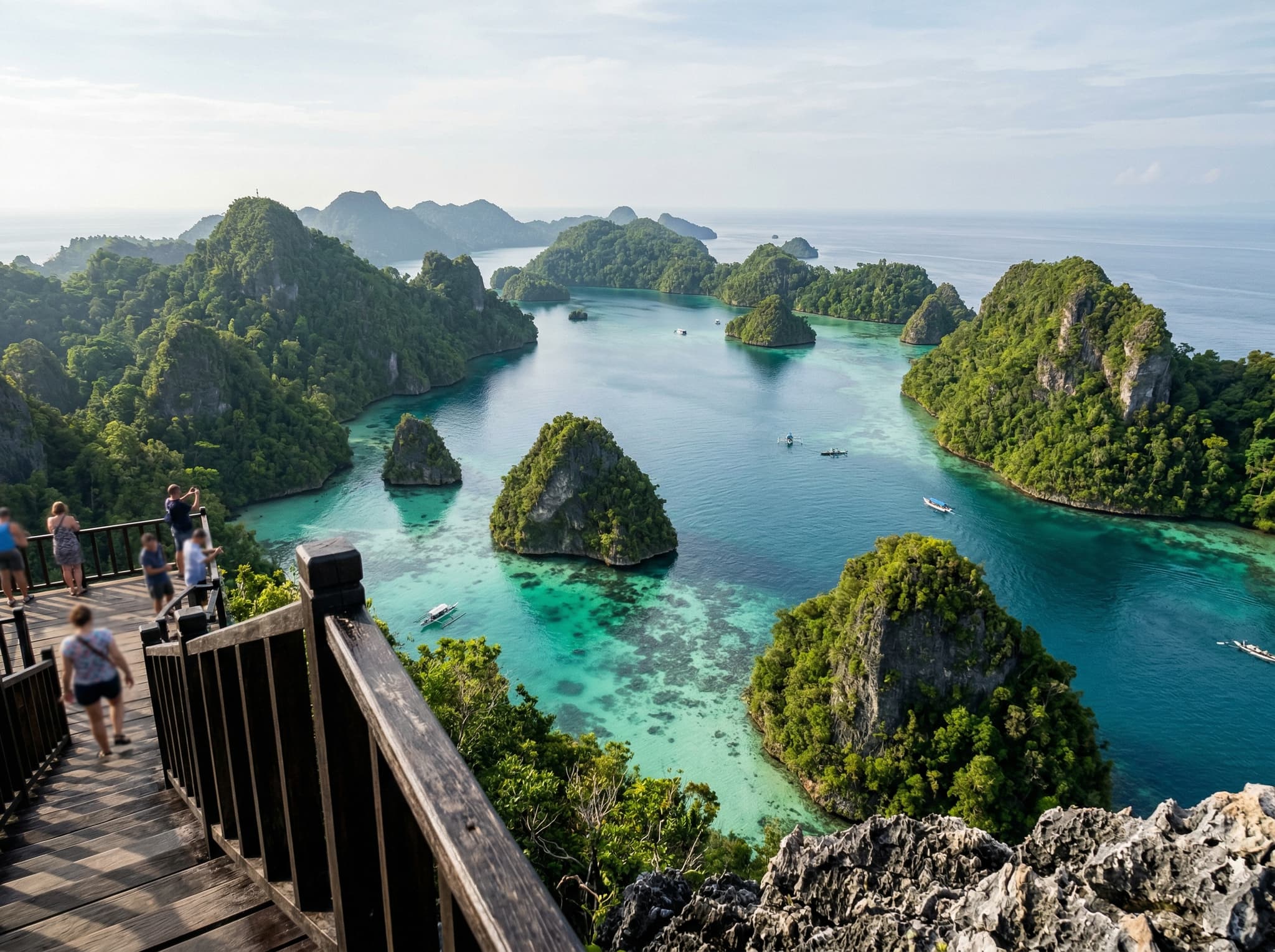 Panoramic view from the Piaynemo viewpoint, Waigeo, Raja Ampat — one of the popular excursion sites mentioned in the article where unofficial village fees apply, showing the iconic karst limestone islands rising from turquoise lagoons that draw visitors to this region
