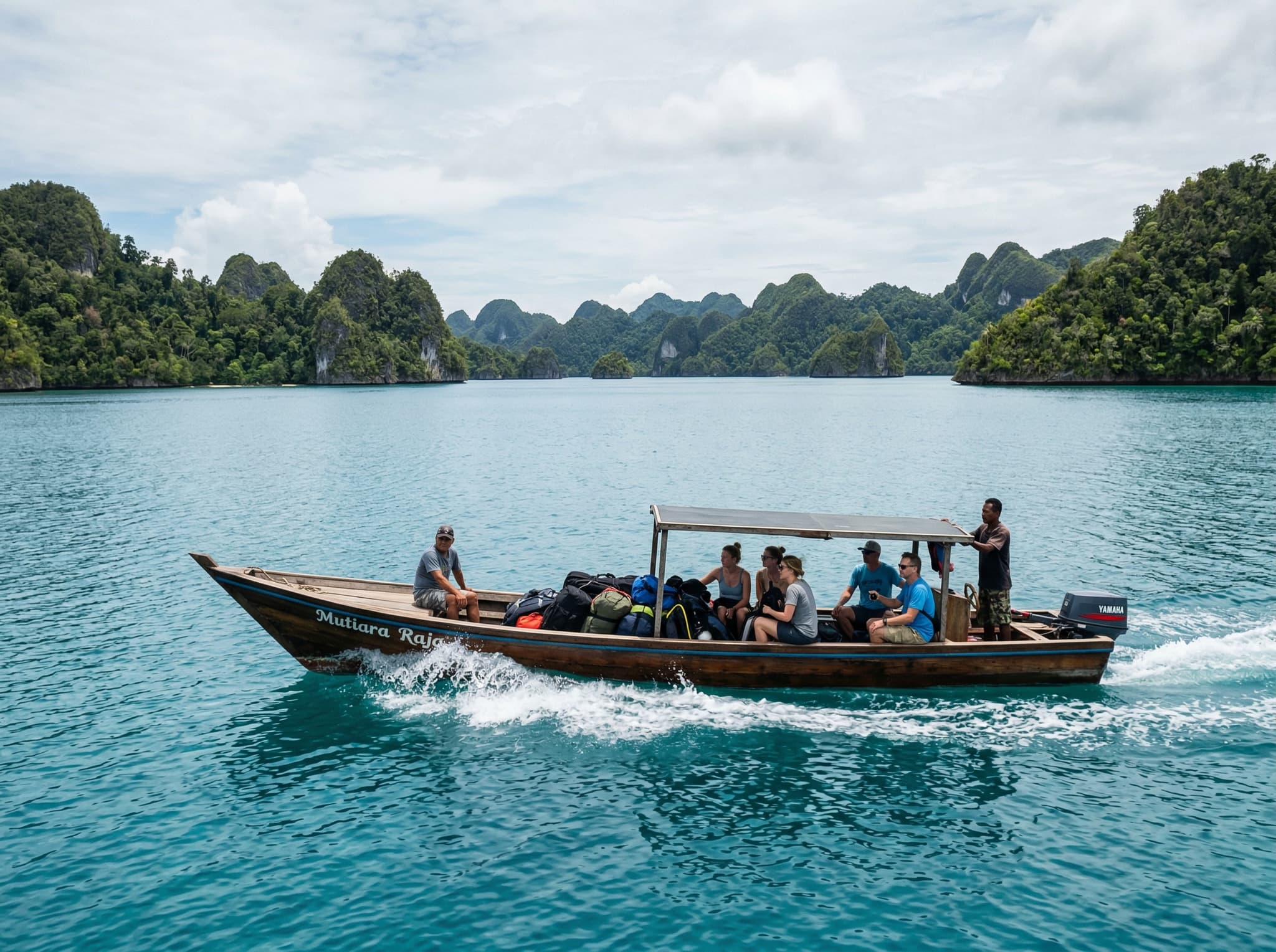 Ferry or speedboat on the water between Sorong and Waisai, West Papua, Indonesia — illustrating the multi-stage transfer journey described in the Getting There section, conveying both the remoteness of the destination and the logistical commitment required to reach Agusta Eco Resort