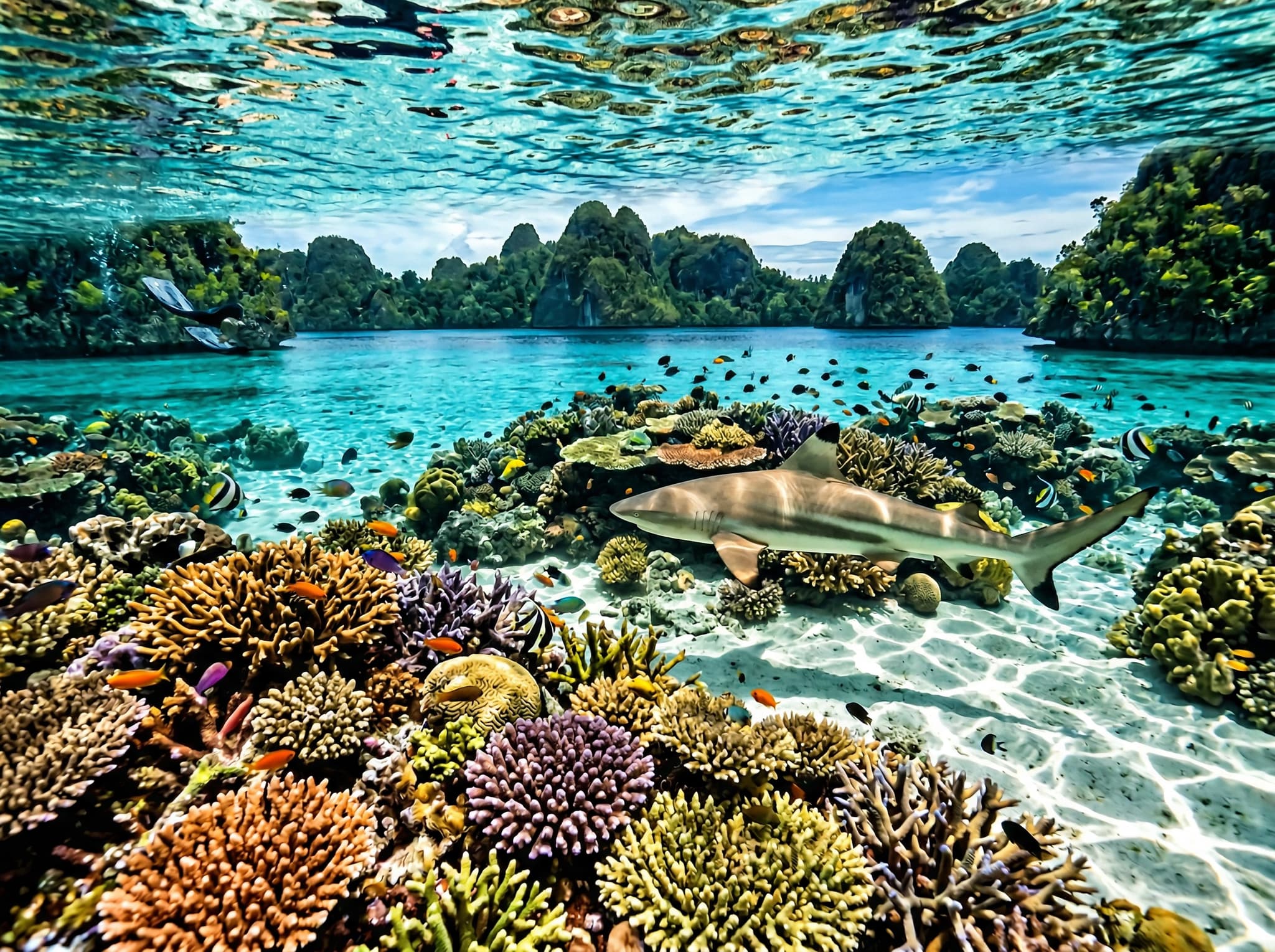 Snorkeler or underwater view in the shallow Wayag lagoon, Raja Ampat — clear warm water with dense coral coverage and a blacktip reef shark visible in the shallows, illustrating the marine environment the article describes as often overlooked by visitors focused on the viewpoint