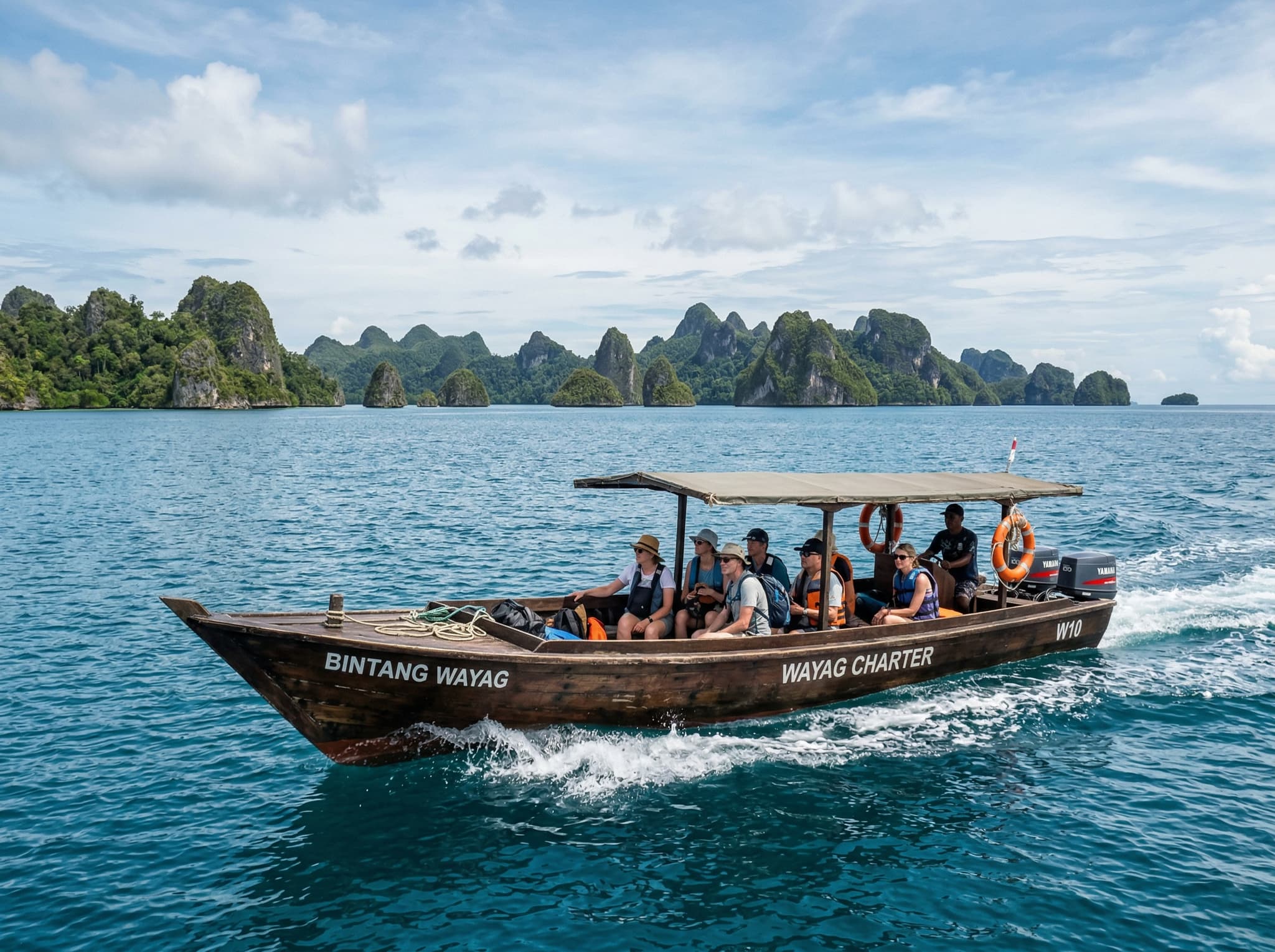 A wooden speedboat on open water between Waisai and the Wayag area, Raja Ampat — representing the 3-to-5-hour charter journey the article describes as the primary logistical challenge of reaching Mushroom Island