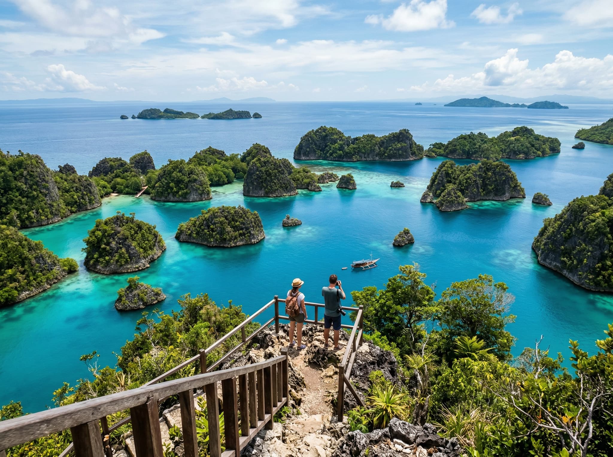 Panoramic view from the Wayag Viewpoint in Raja Ampat, showing dozens of green karst islands scattered across electric-blue lagoon water — the steep hike the article recommends as an essential complement to the Mushroom Island visit