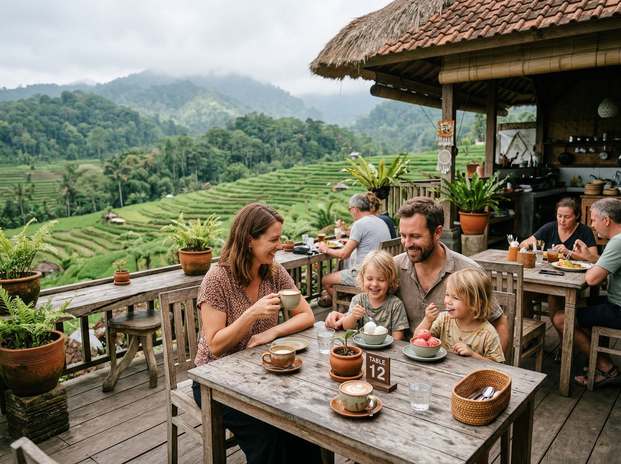 Outdoor picnic or casual dining setup at a farm restaurant in Bali's highlands, representing the on-site dining experience at The Barn or Farm Pantry — relevant to the article's section on realistic costs and what the food credit covers