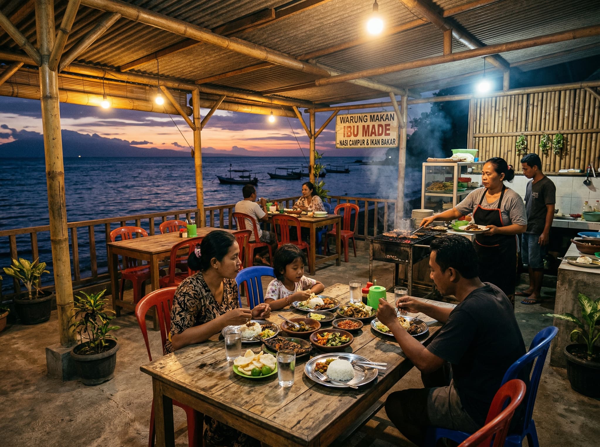 A local warung on the east Bali coast near Candidasa at dusk — simple wooden tables, a few diners, warm lamp light spilling onto the street as the Lombok Strait darkens in the background, capturing the modest, local-priced dining scene the article describes as central to Candidasa's appeal