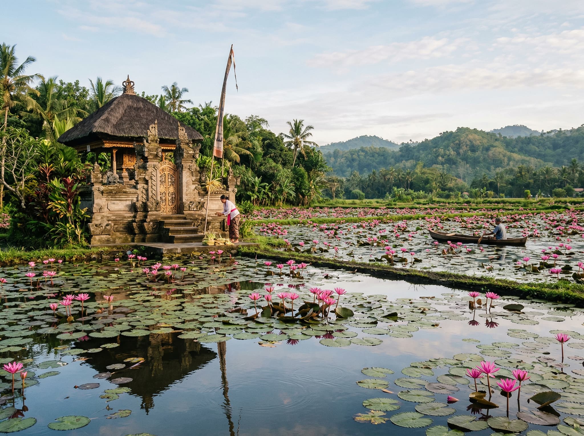 The Candidasa Lotus Lagoon at the center of town, its shallow water covered in blooming pink lotus flowers with a small Balinese Hindu temple at the water's edge — the defining landmark of Candidasa and a symbol of the town's unhurried, unpolished character