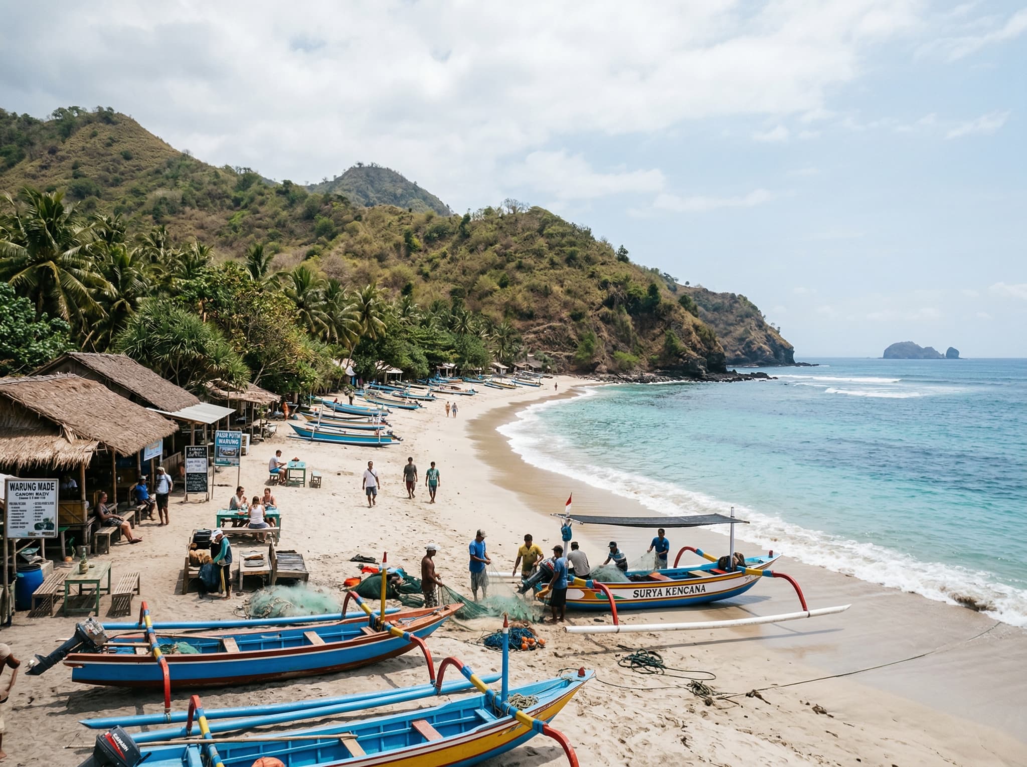 Pasir Putih (Virgin Beach) near Candidasa — a white-sand cove tucked below dry Karangasem hills with turquoise water and local warungs along the shore, illustrating the accessible but still-authentic beach escape closest to Candidasa