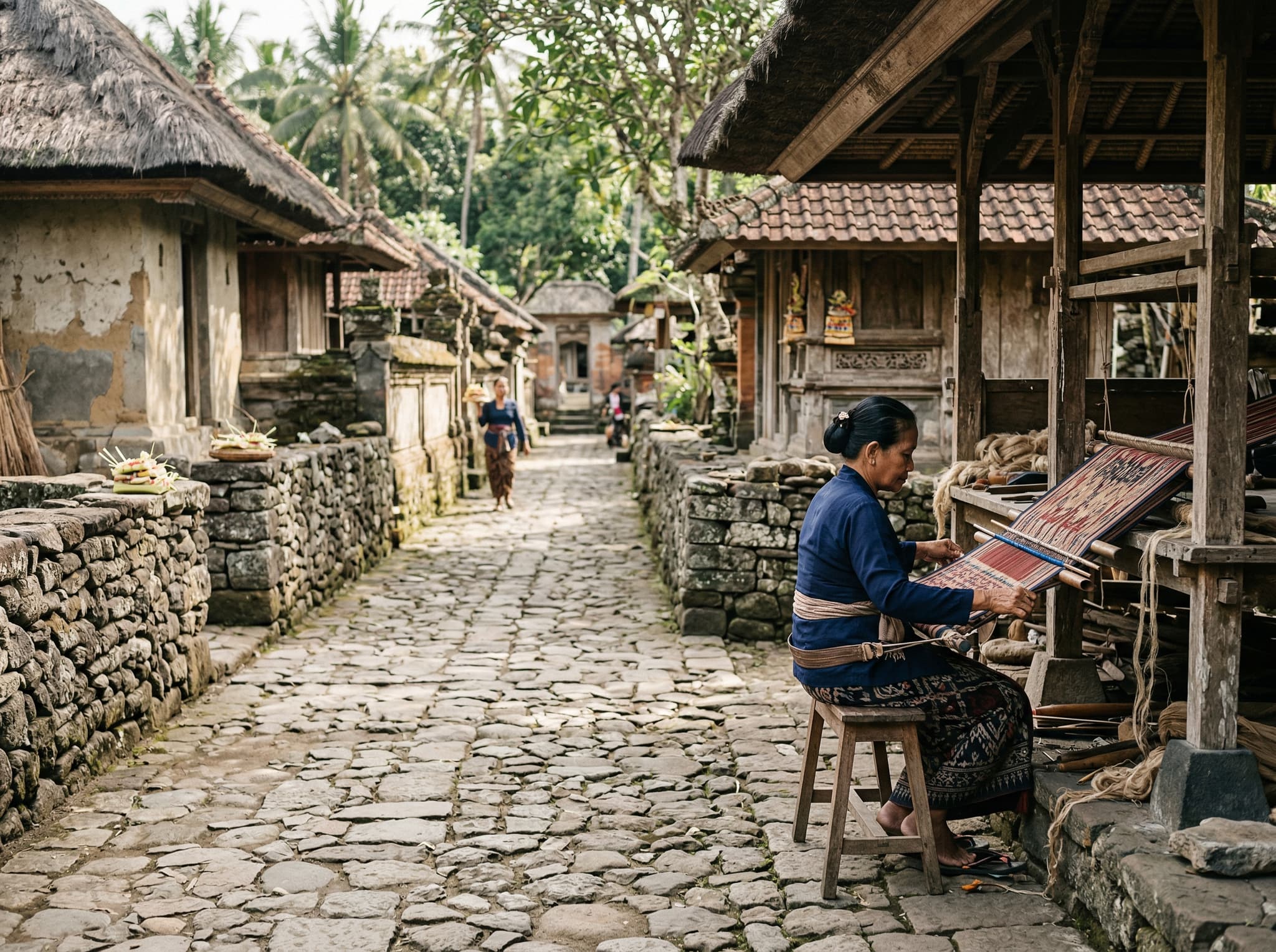 Tenganan Bali Aga village, approximately 10 minutes inland from Candidasa — traditional stone-walled lanes and thatched-roof structures of one of Bali's oldest pre-Hindu communities, representing the cultural depth that makes the east coast more than a beach destination