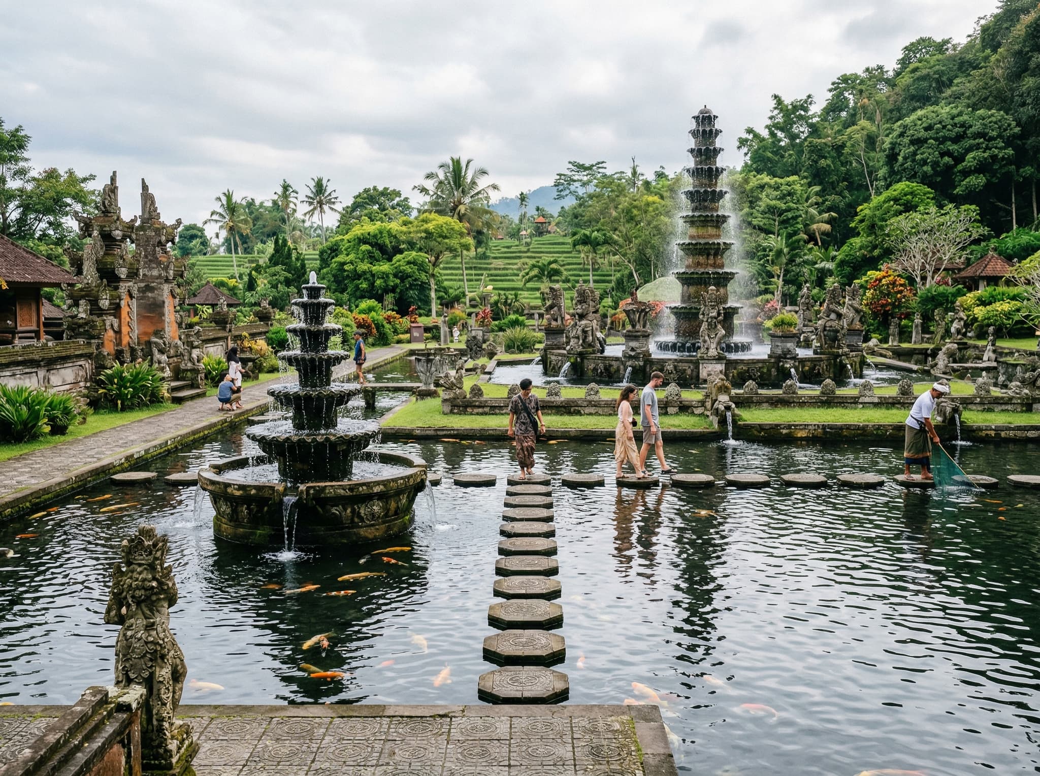 Tirta Gangga royal water palace in Karangasem, East Bali — tiered stone fountains, koi-filled pools, and stepping stones set against lush rice terraces, representing the day-trip cultural attractions that make Candidasa a strong base for exploring the region