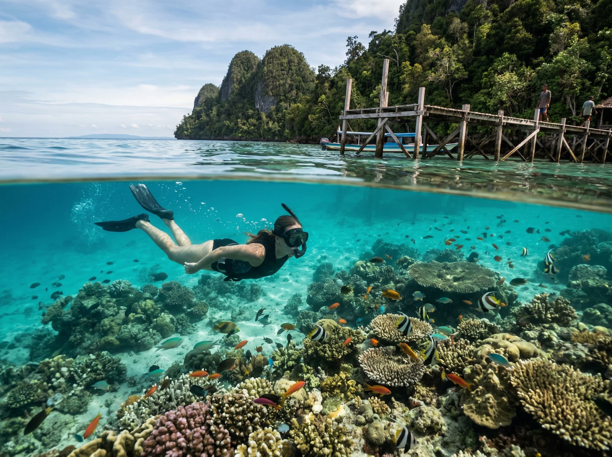 View from the Sawandarek jetty at dusk looking across the strait toward other islands in Raja Ampat — warm golden light on the water, a silhouette of the wooden jetty and perhaps a figure sitting at the edge, evoking the article's closing image of sitting on the jetty watching the light change across the strait