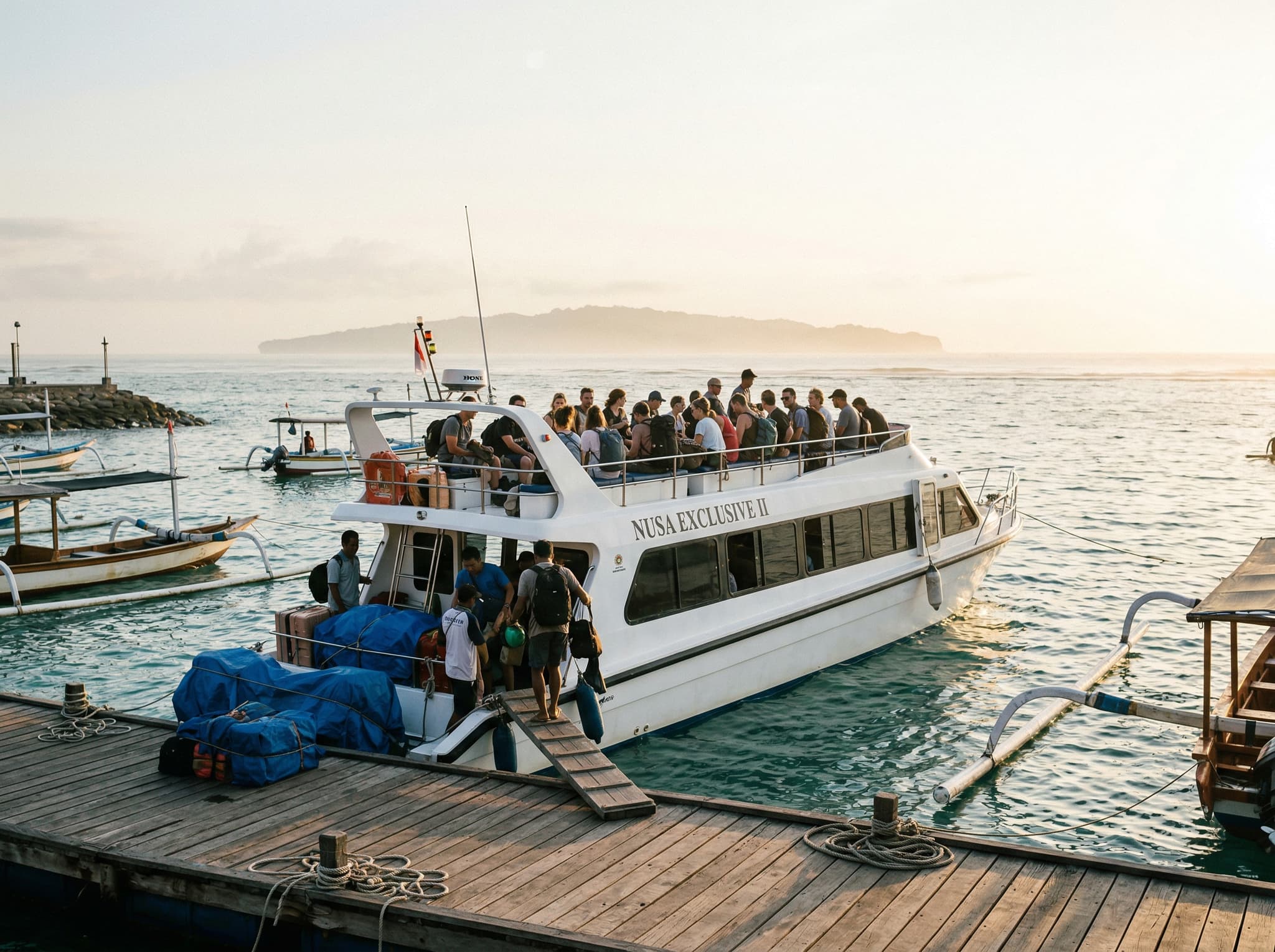 Fast boat departing Sanur Harbor on Bali's east coast toward Nusa Lembongan — illustrating the 30-minute crossing that connects the mainland to the island, referenced in the Getting There section