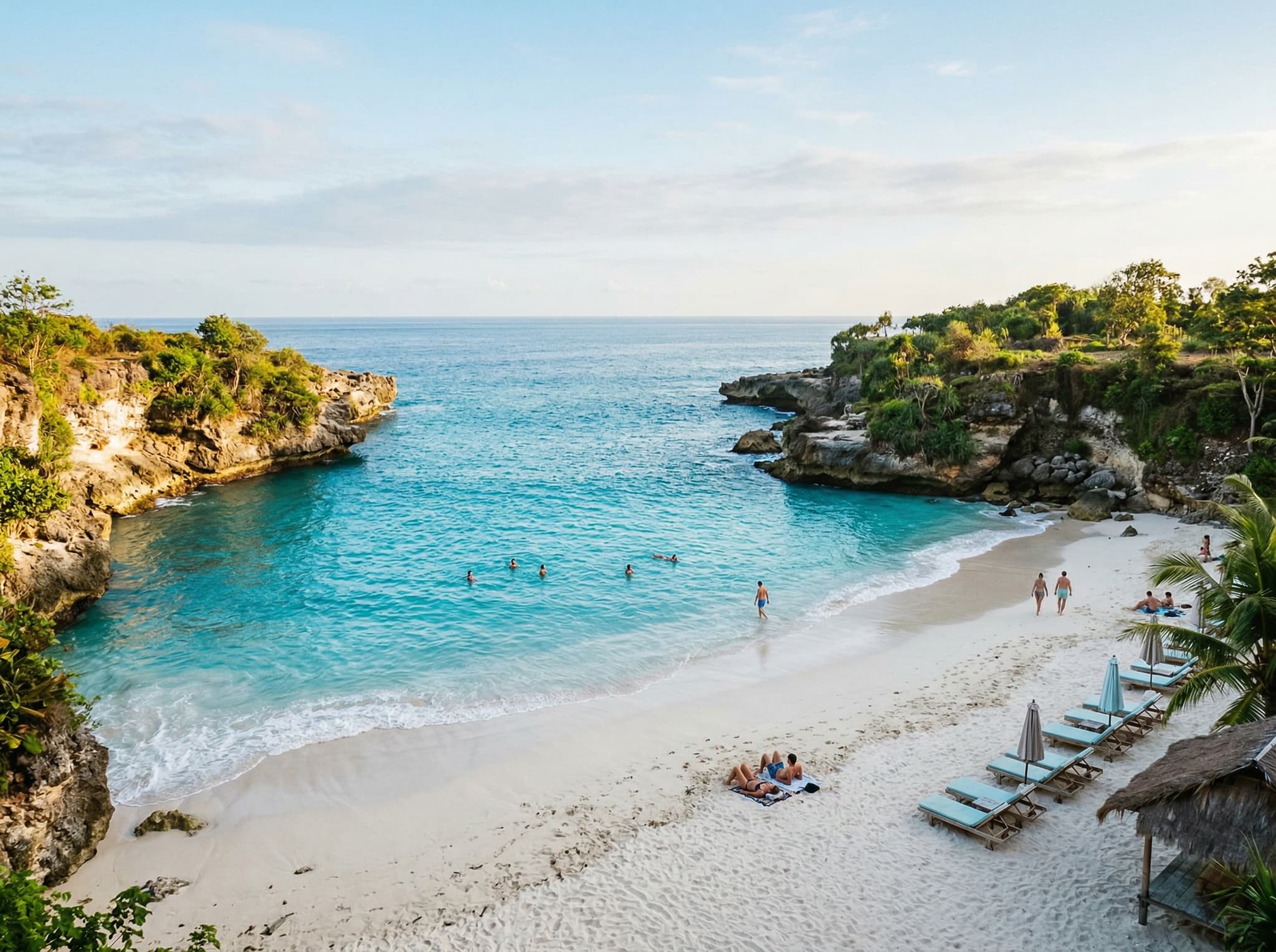 Dream Beach on Nusa Lembongan — a small white-sand cove with clear turquoise water and no boats in the swimming area, showing the postcard-perfect beach described in the article's attractions section