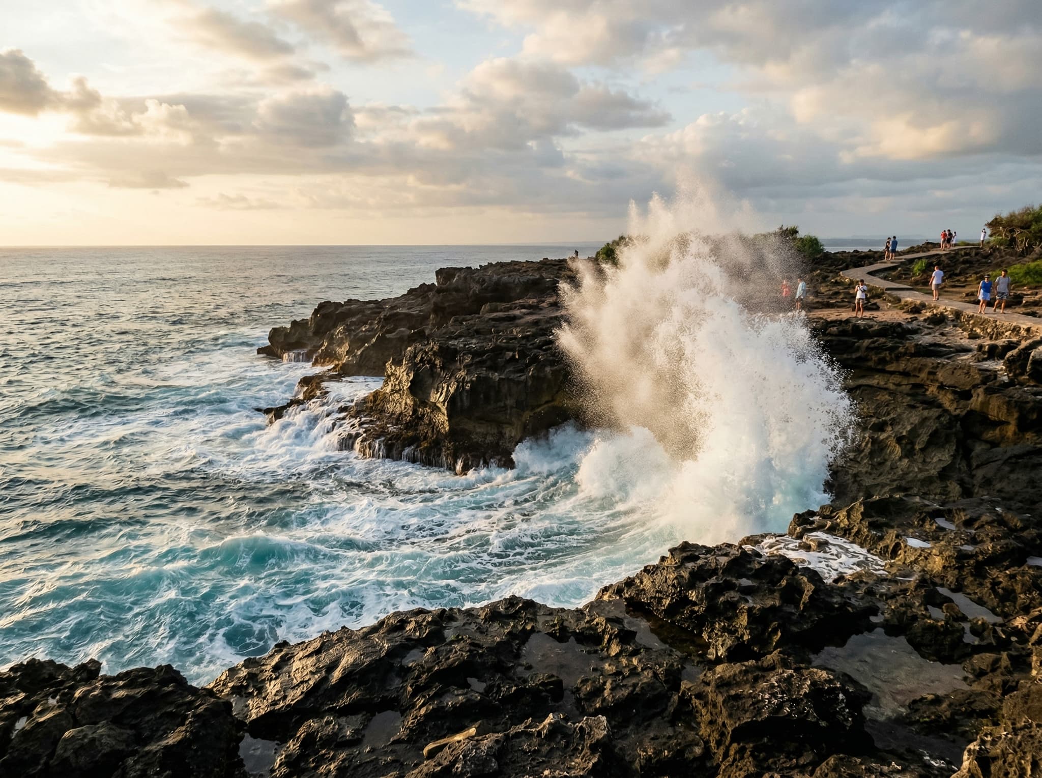 Devil's Tear blowhole on Nusa Lembongan — waves crashing into rocky coastal cliffs with spray catching the light, capturing the dramatic natural feature described as a five-minute walk from Dream Beach