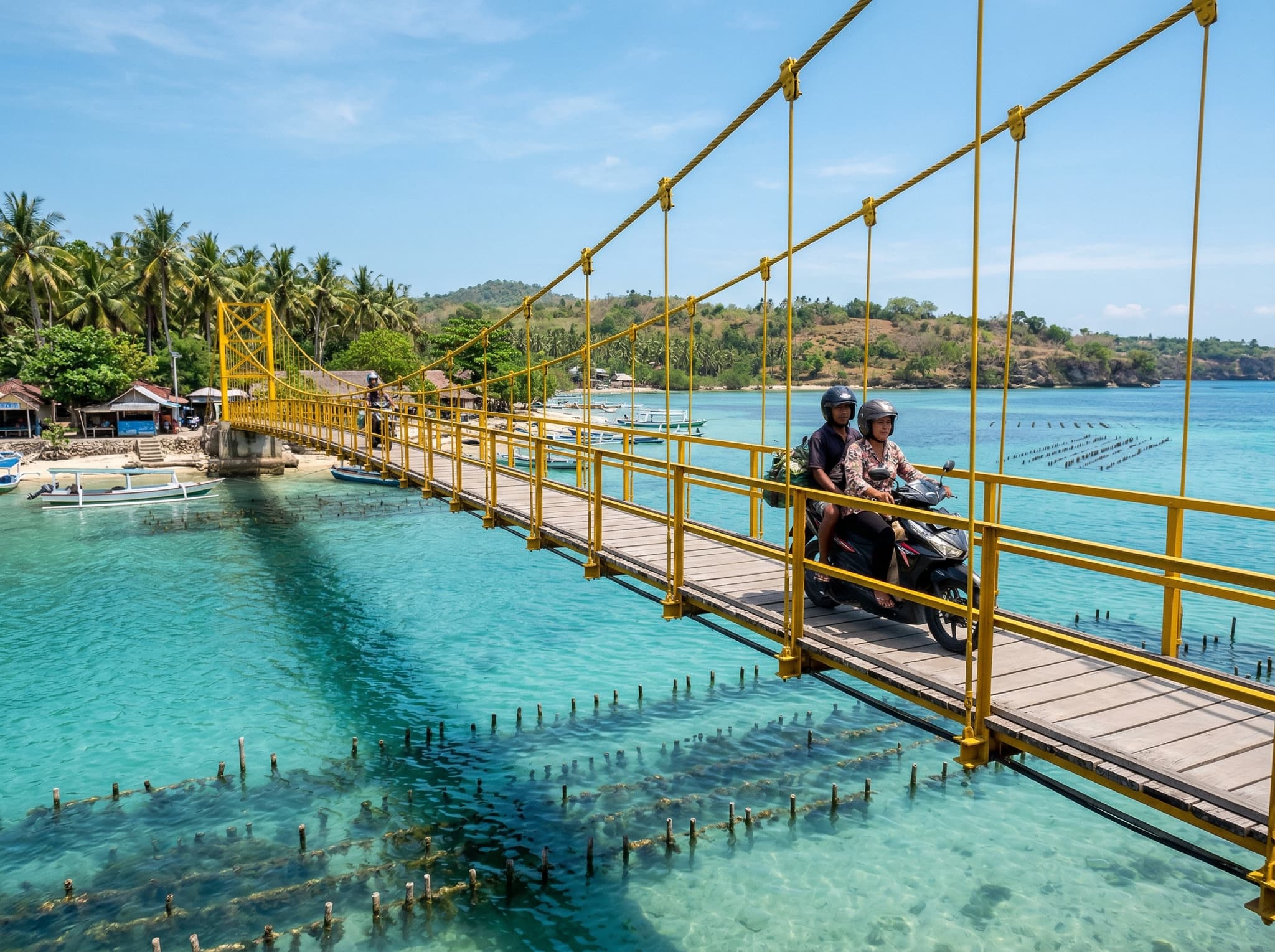 The Yellow Bridge connecting Nusa Lembongan to Nusa Ceningan, with seaweed farms visible in the shallow water below — illustrating the inter-island crossing and working local economy described in the article