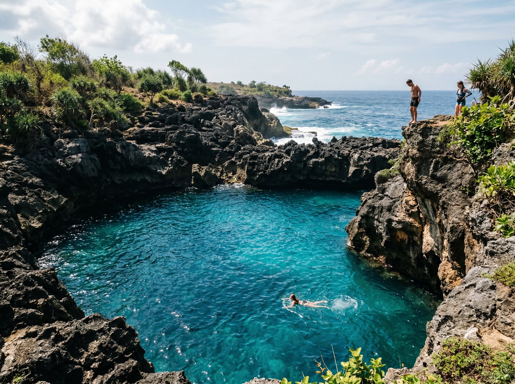 Blue Lagoon cliff jumping site on Nusa Ceningan — vivid blue water below volcanic rock cliffs, showing the adventure attraction accessible via the Yellow Bridge from Nusa Lembongan