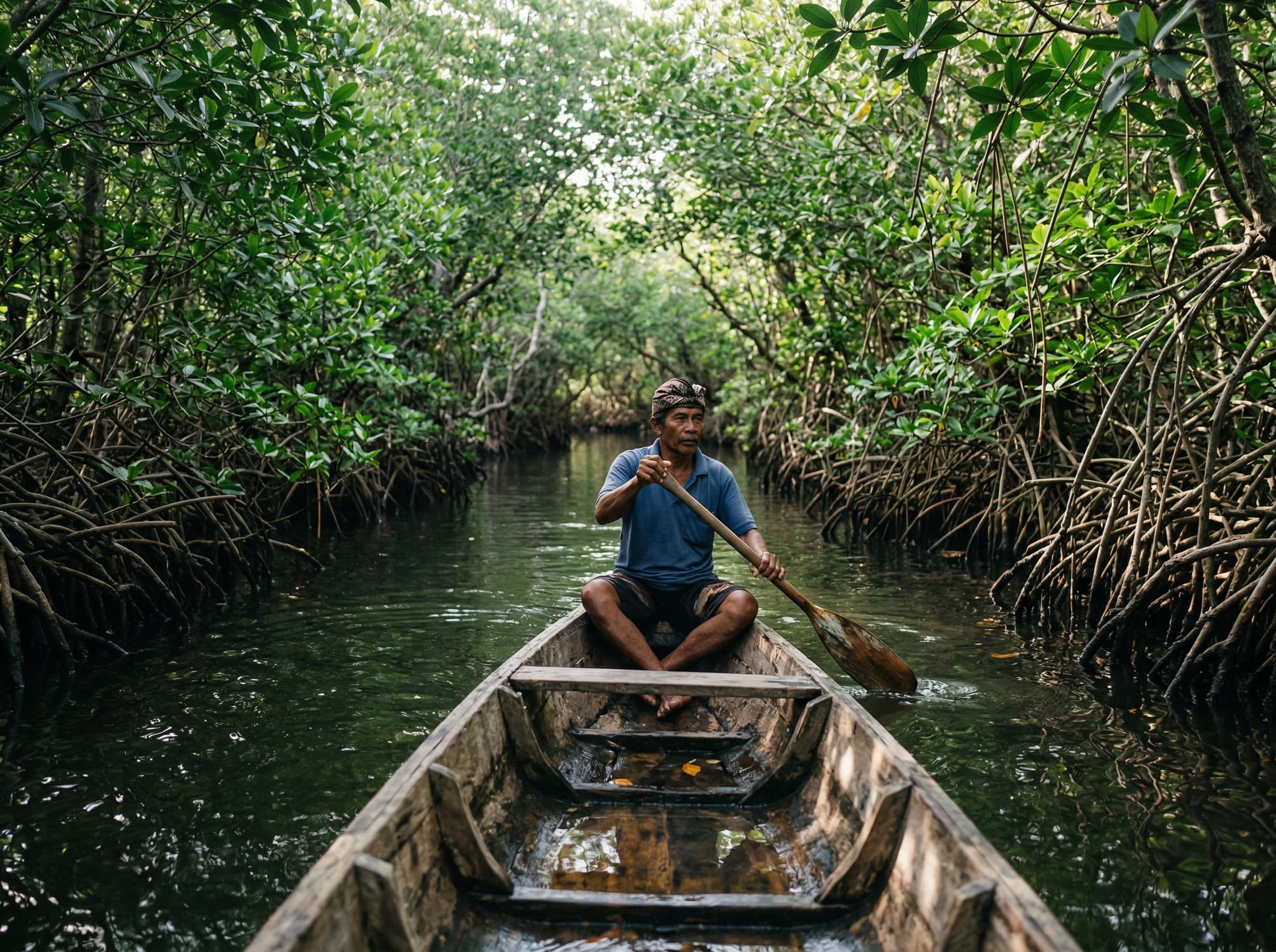 Mangrove forest boat tour on Nusa Lembongan's northeast coast — a narrow wooden boat moving through dense green mangrove channels, representing the quiet morning activity recommended in the article