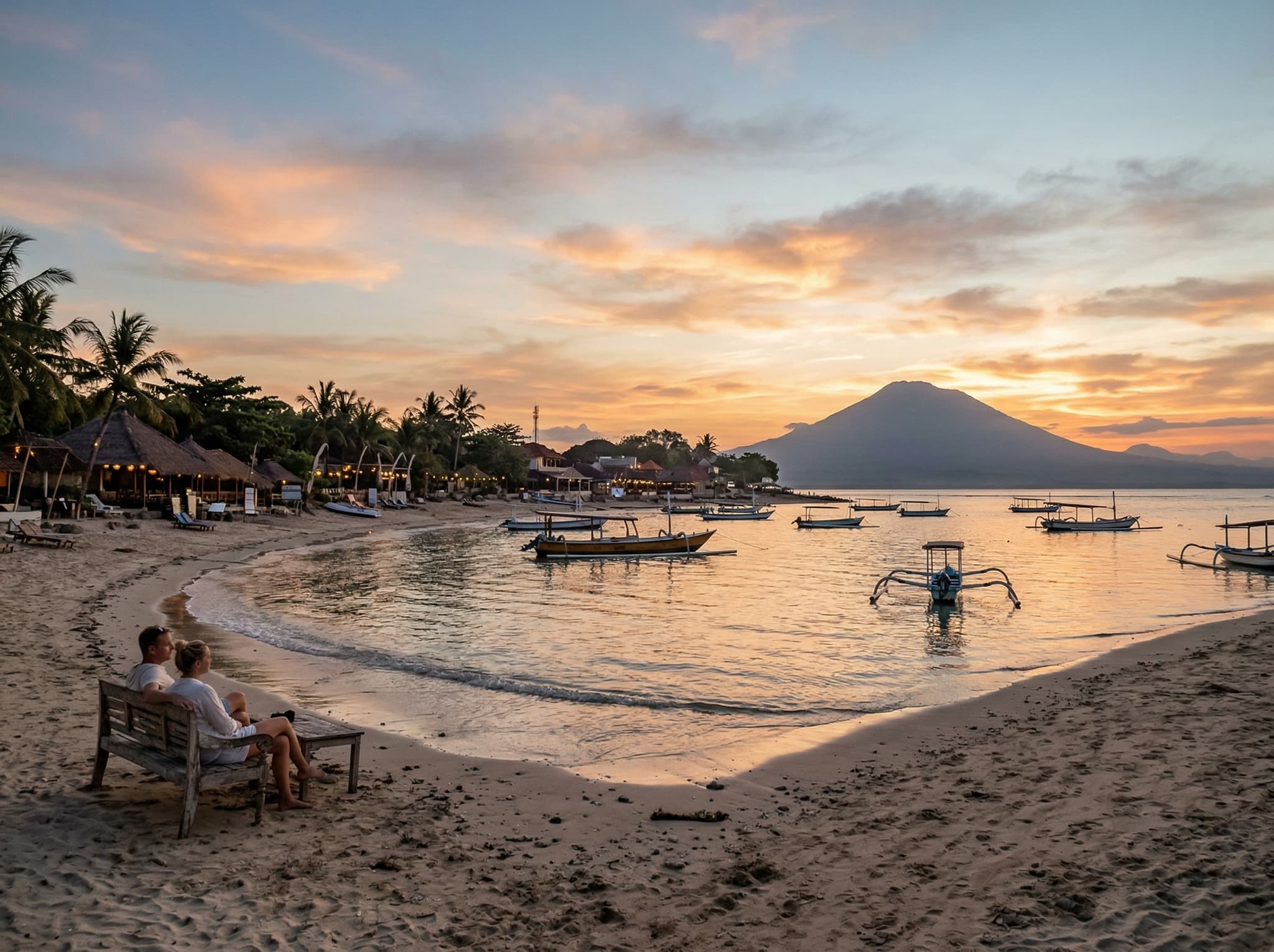 Mushroom Bay at sunset with Mount Agung visible on the horizon across the water — illustrating the calm, family-friendly bay and the iconic Bali mainland backdrop described in the article's accommodation and itinerary sections