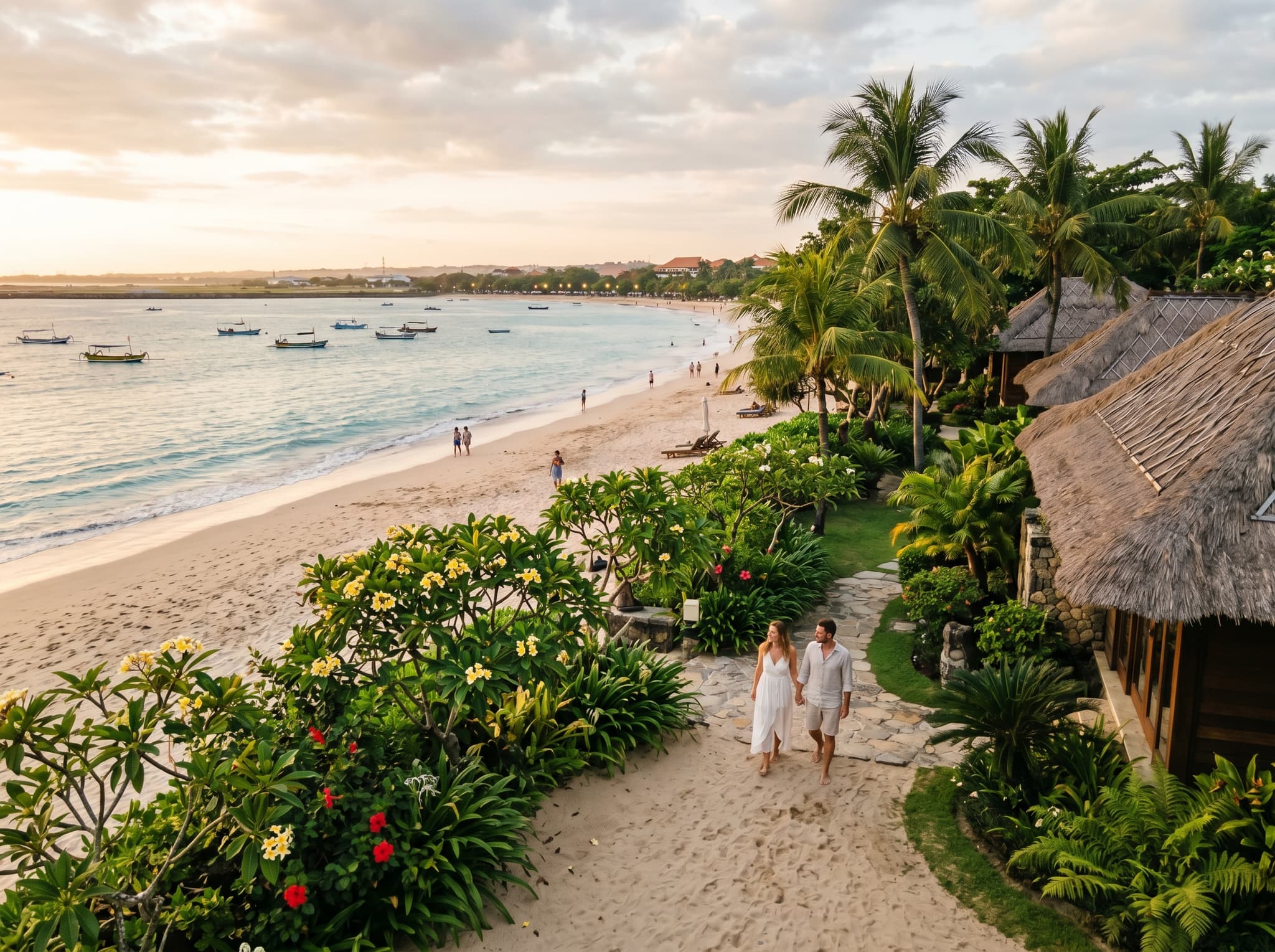 A beachfront resort property directly on Jimbaran Bay with guests steps from the sand, illustrating the 'direct sand access' tier described in the beach access section