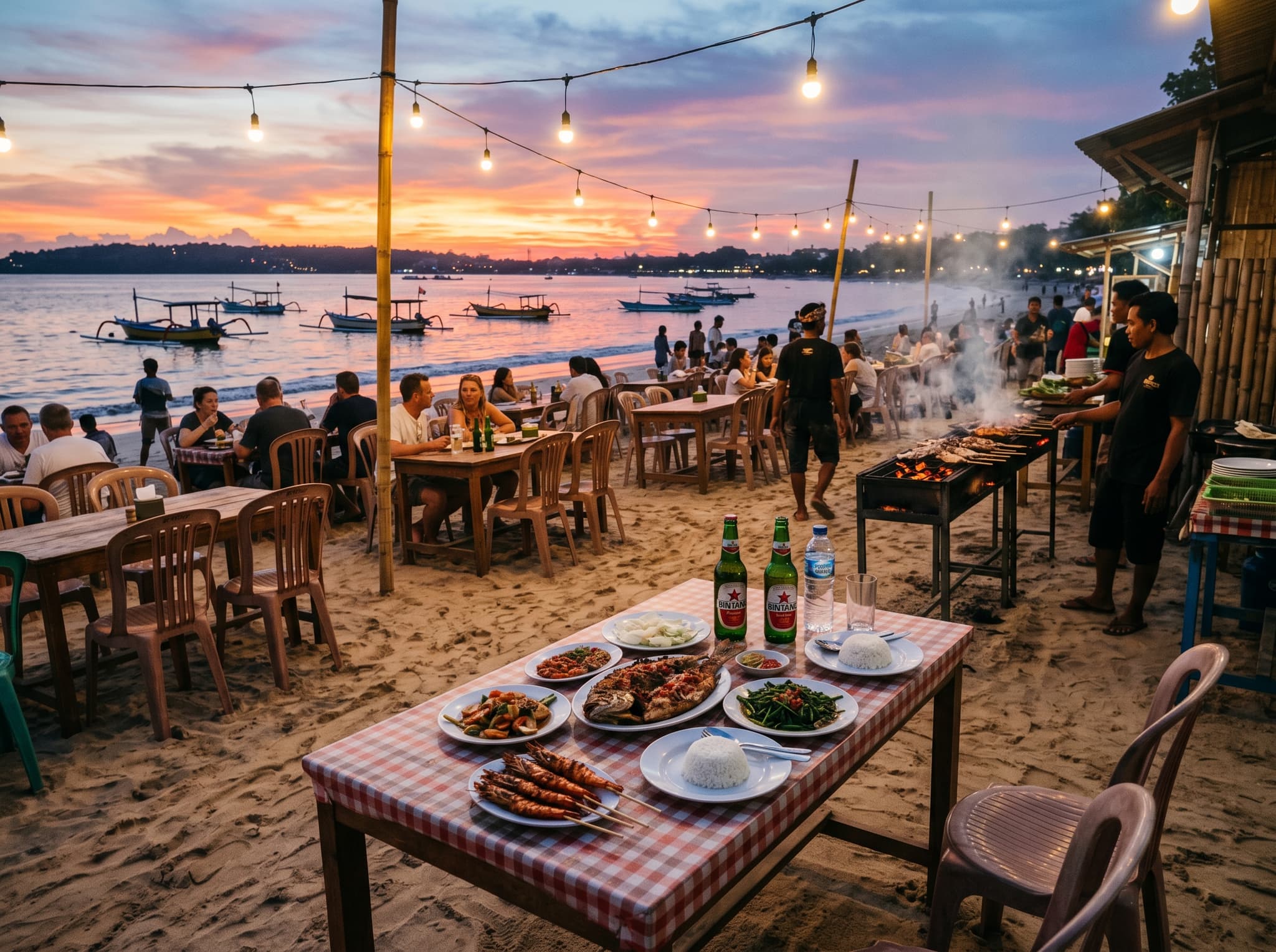 Jimbaran seafood warung tables set on the sand at Muaya Beach at dusk, with grilled fish and cold drinks — the classic Jimbaran evening experience referenced throughout the article as the benchmark for bay beach access