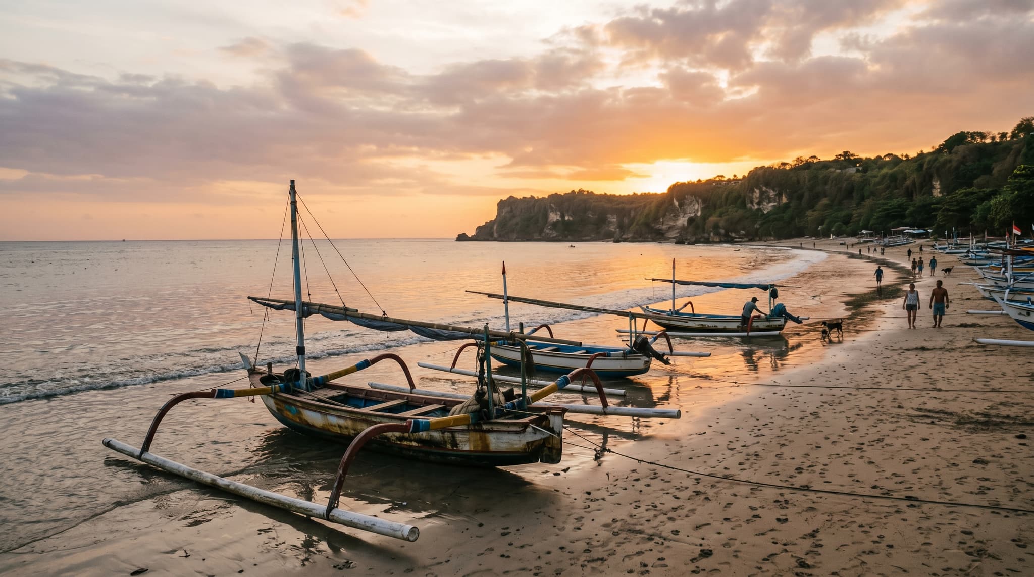 Jimbaran Bay at sunset — a wide crescent of sand facing west, with traditional fishing boats in the shallows and warm golden light reflecting off calm water, illustrating the bay setting central to this hotel guide