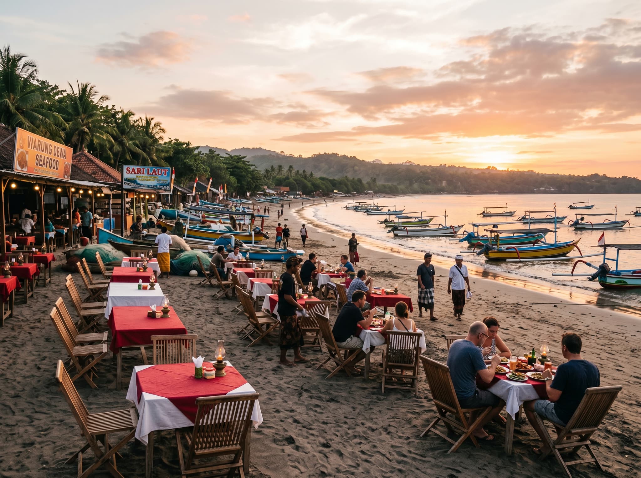 The three distinct zones of Jimbaran — bay beach strip with seafood warungs, inland road area, and southern cliffs — showing how geography determines the hotel experience described in the layout section