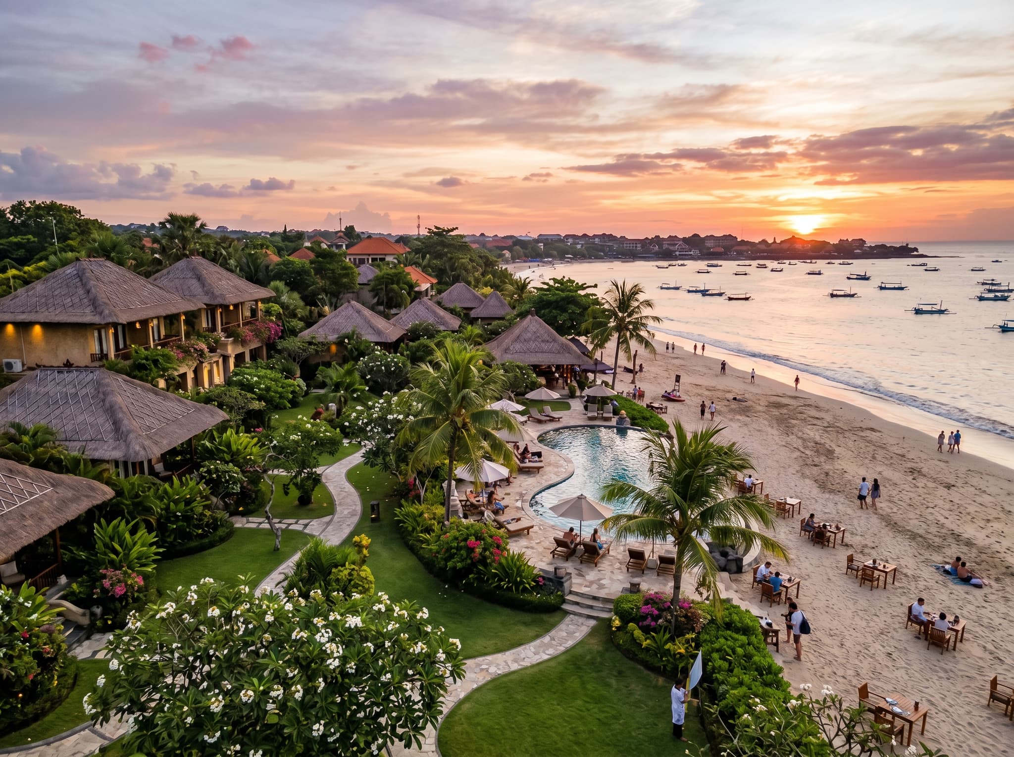 Jimbaran Bay Beach Resort & Spa's beachfront grounds — low-rise thatched bungalows set in tropical gardens leading directly to the bay sand, illustrating the top mid-range recommendation