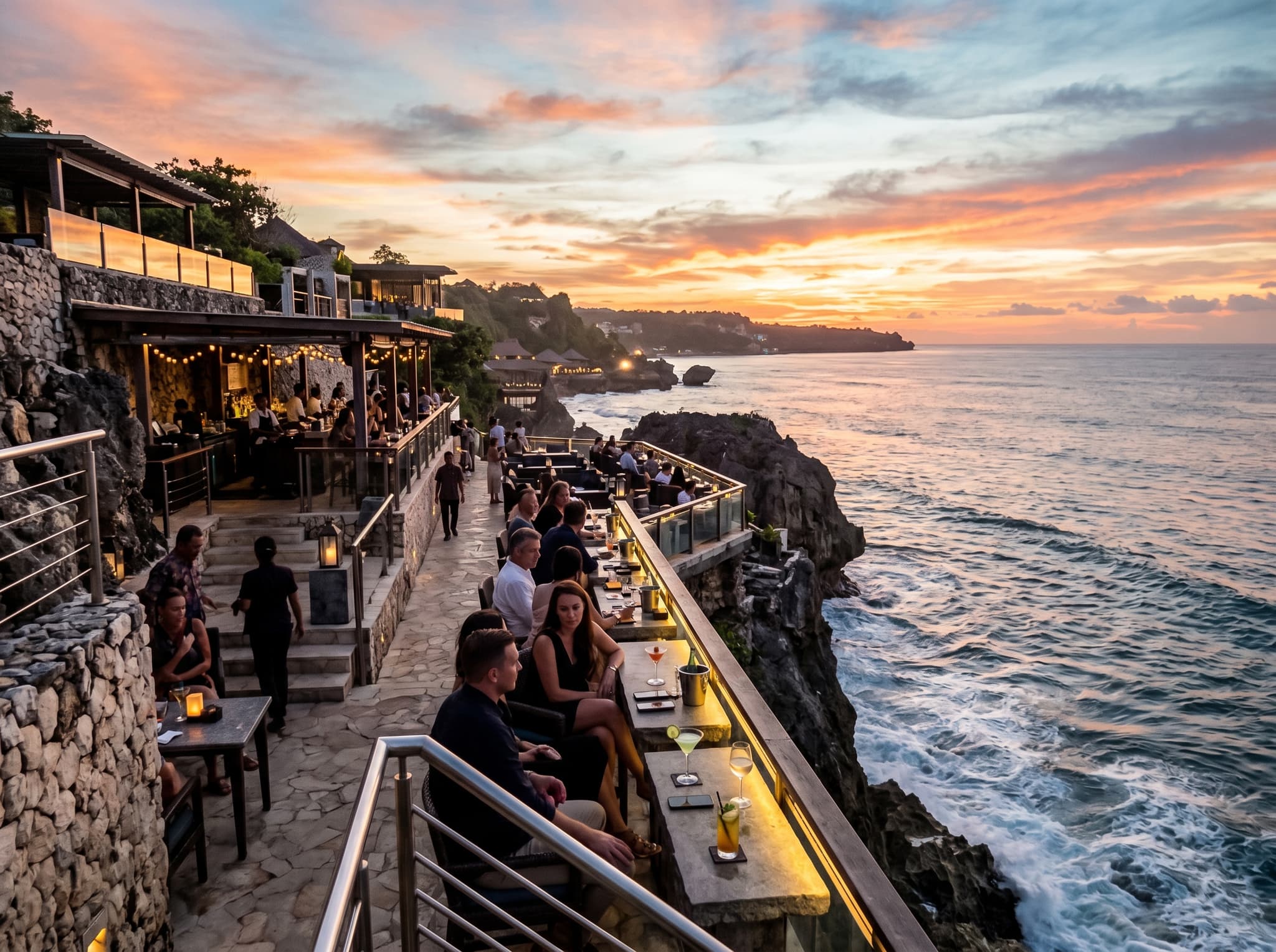Rock Bar at Ayana — the iconic cliff-edge cocktail venue shared by Ayana and Rimba guests, showing the dramatic setting that defines the luxury tier's appeal beyond beach access