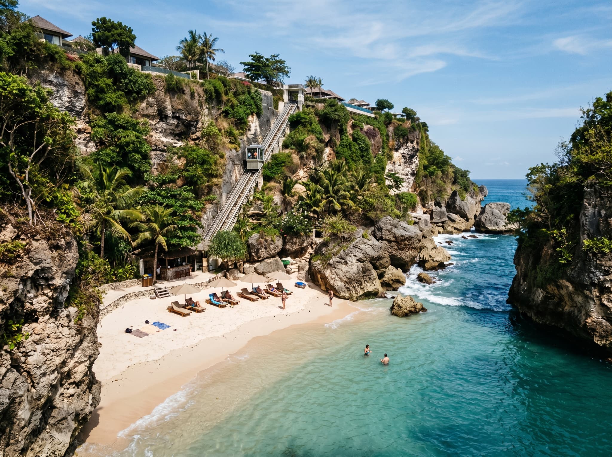 Kubu Beach — the private cove at the base of the Ayana cliffs, accessed by inclinator, showing the sheltered beauty of the cliff-resort beach experience that differs from the main Jimbaran Bay