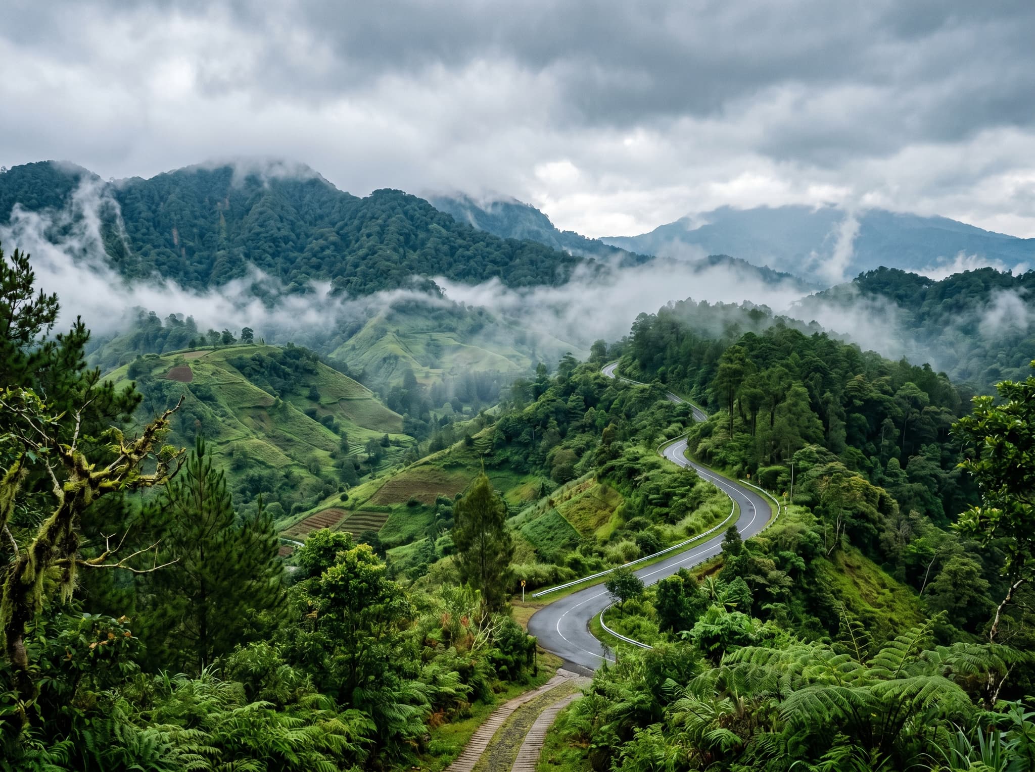 The cool, misty highland landscape of Bedugul in central Bali, showing the elevated terrain and lush green scenery that makes the area feel distinctly different from the hot southern coast — contextualizing the garden's unique climate and setting
