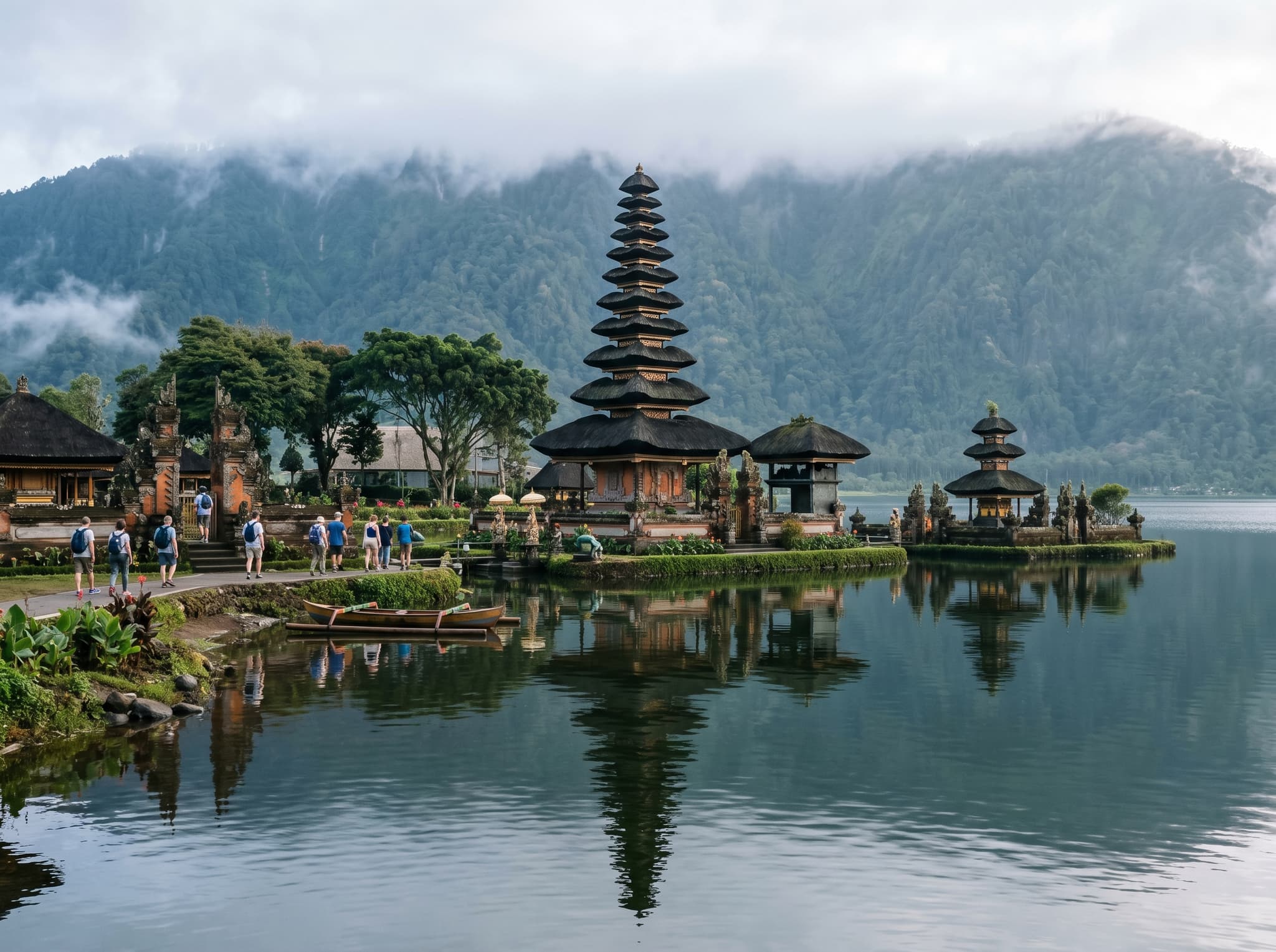 Ulun Danu Beratan Temple rising from the surface of Lake Bratan in Bedugul, Bali — the iconic nearby temple recommended as a same-morning pairing with the botanical garden, located five minutes away with a separate IDR 75,000 entry fee