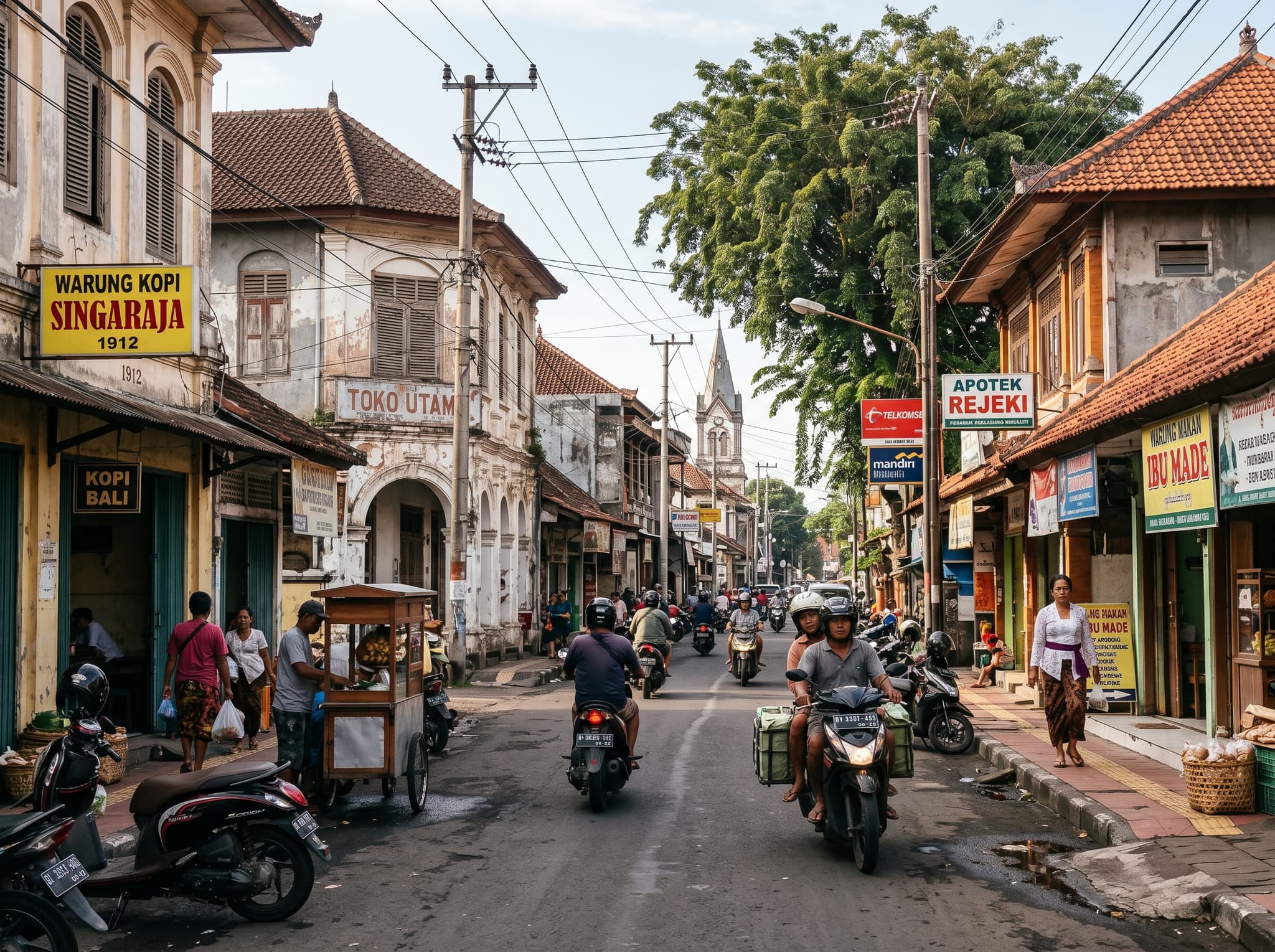 A street-level view of central Singaraja near the old harbor area, capturing the layered colonial and Balinese character of the city that was once Bali's seat of power — contextualizing the palace within the broader historical landscape the article describes