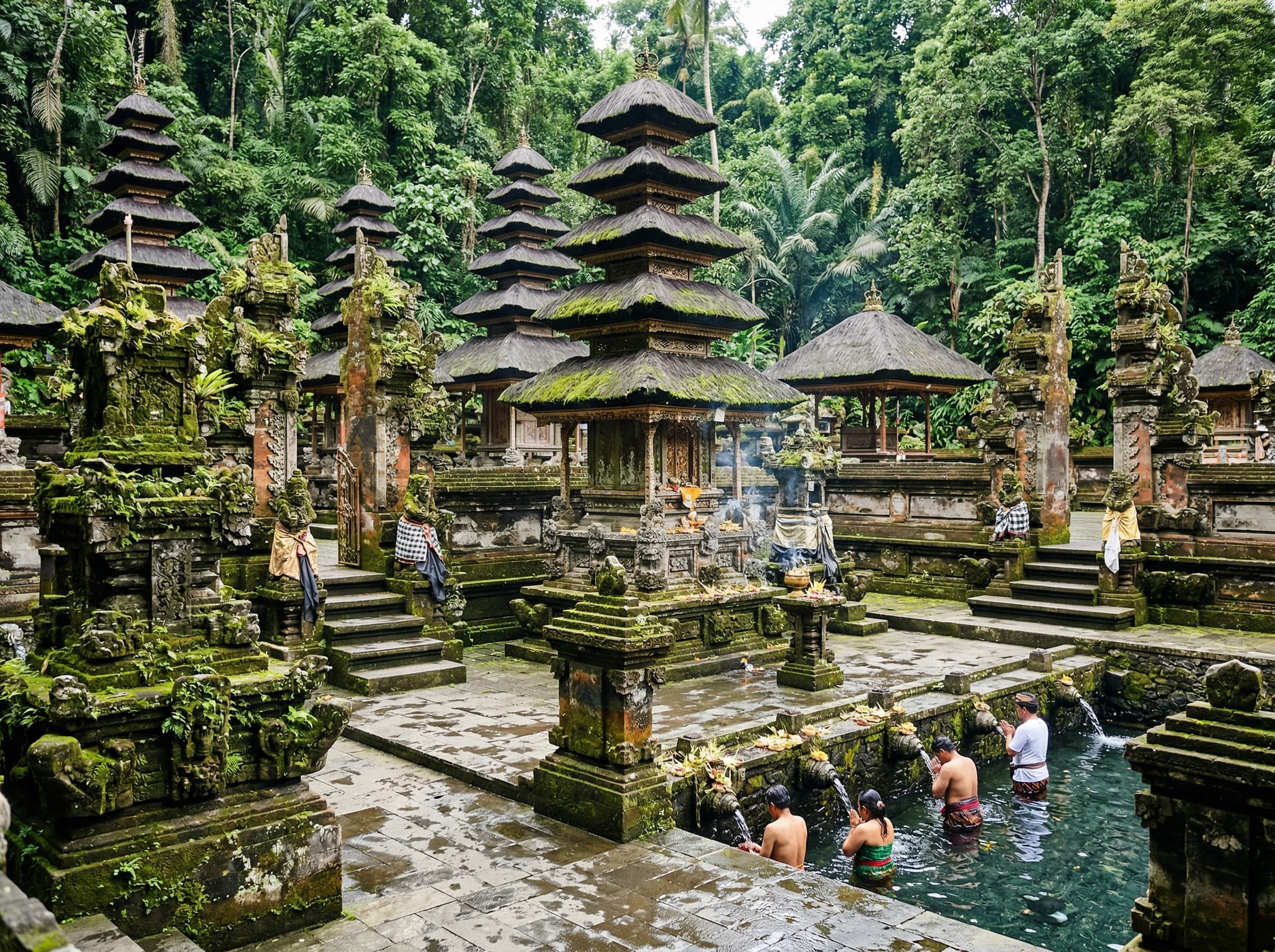 The moss-covered shrines and tiered stone architecture of Tirta Empul Temple's inner courtyard in Tampaksiring, Bali — the restrained, deeply Balinese aesthetic the article describes as more affecting in person than in photographs.