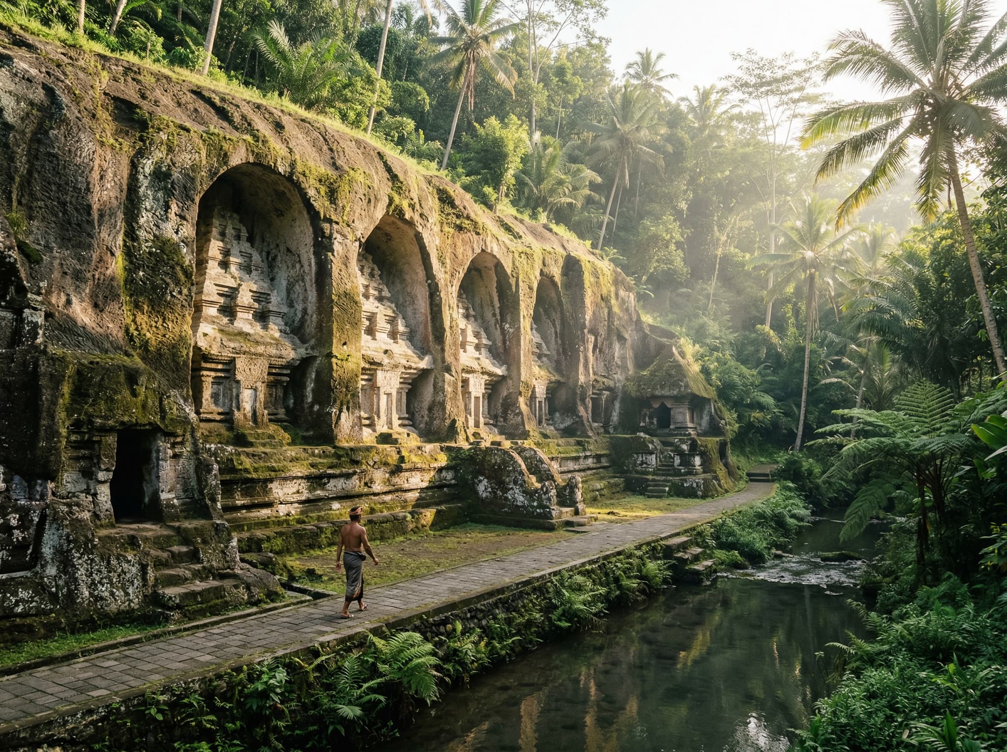 The 11th-century rock-carved royal tombs at Gunung Kawi in Tampaksiring, Bali — the nearby monument recommended in the article as a morning pairing with Tirta Empul, visited first to beat the crowds at both sites.