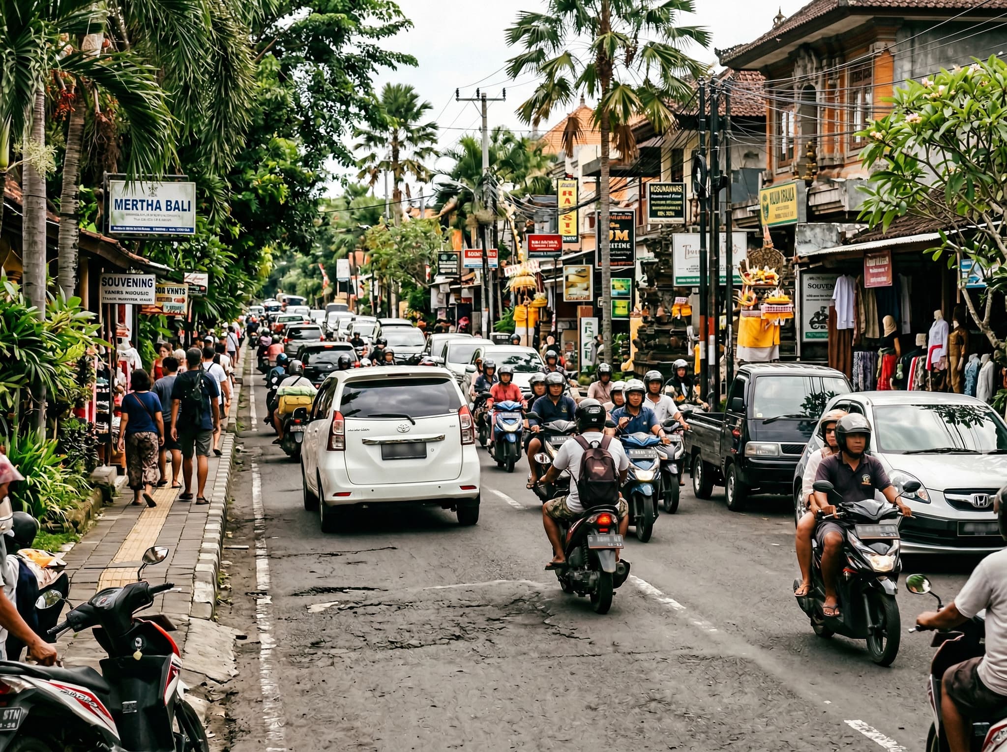 A Bali road scene showing the reality of island traffic — scooters, cars, and a private driver vehicle navigating a congested road, illustrating the article's central argument that where you sleep determines which day trips are feasible.