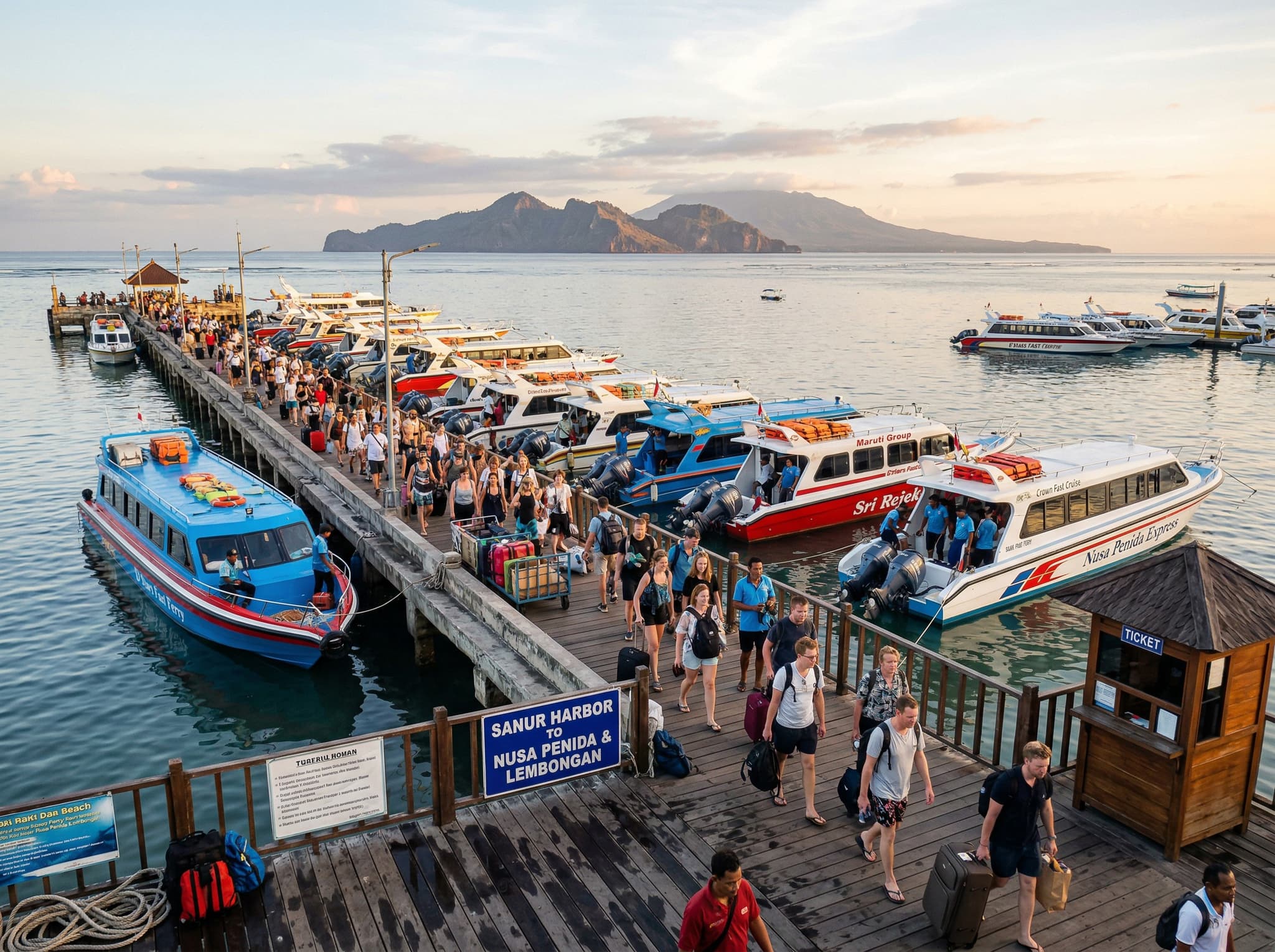 Sanur Harbor at early morning, showing fast boats lined up at the dock ready for departure to Nusa Penida and Nusa Lembongan — the primary logistics hub for Bali's most popular island day trips.