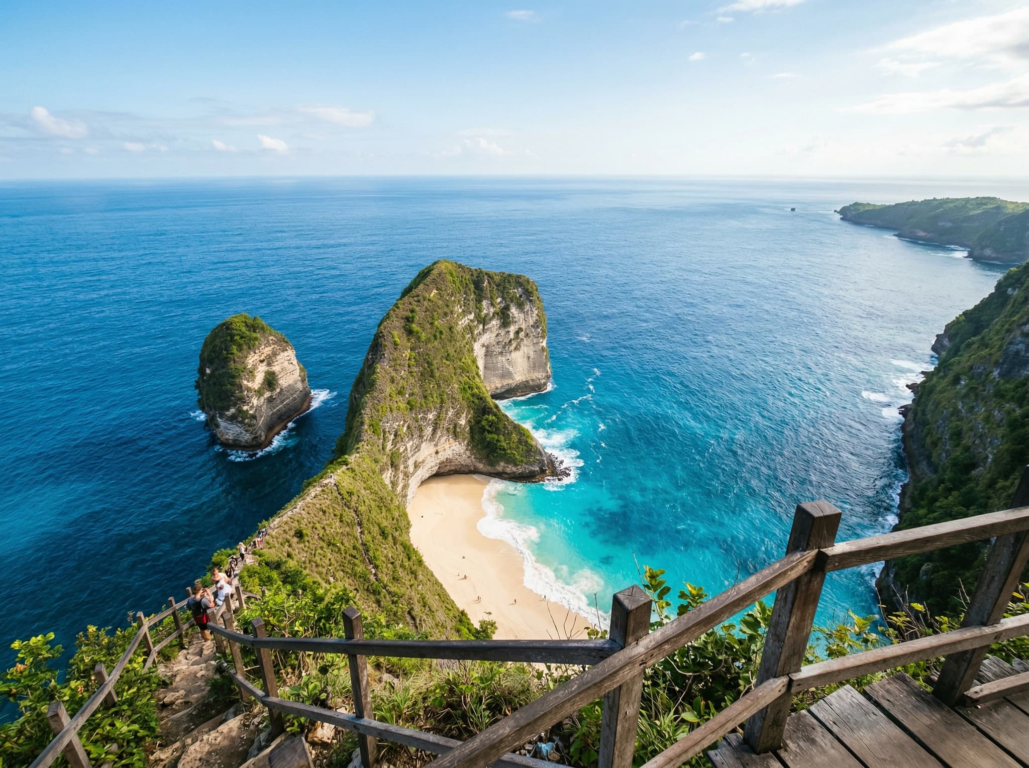 Kelingking Beach viewpoint on Nusa Penida — the iconic T-Rex-shaped cliff dropping into electric-blue water that the article describes as 'the postcard shot,' and warns gets crowded after 10 AM.