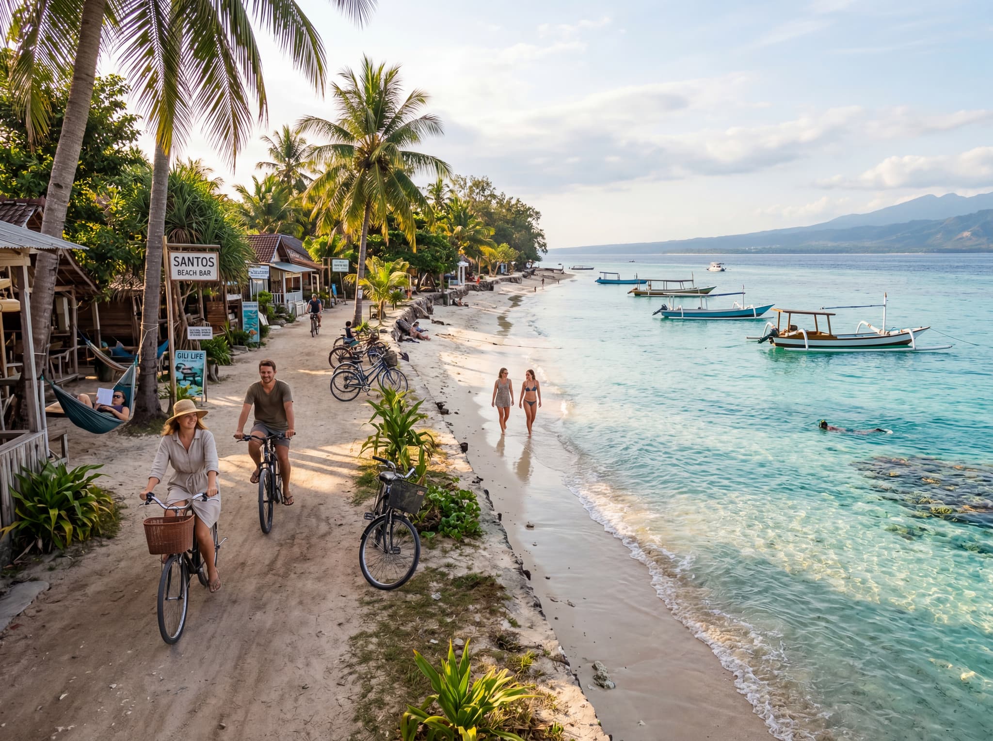 Gili Meno or Gili Air shoreline showing the car-free, unhurried atmosphere of the Gili Islands — bicycles, clear shallow water, and a relaxed pace that the article argues rewards overnight stays rather than rushed day trips.