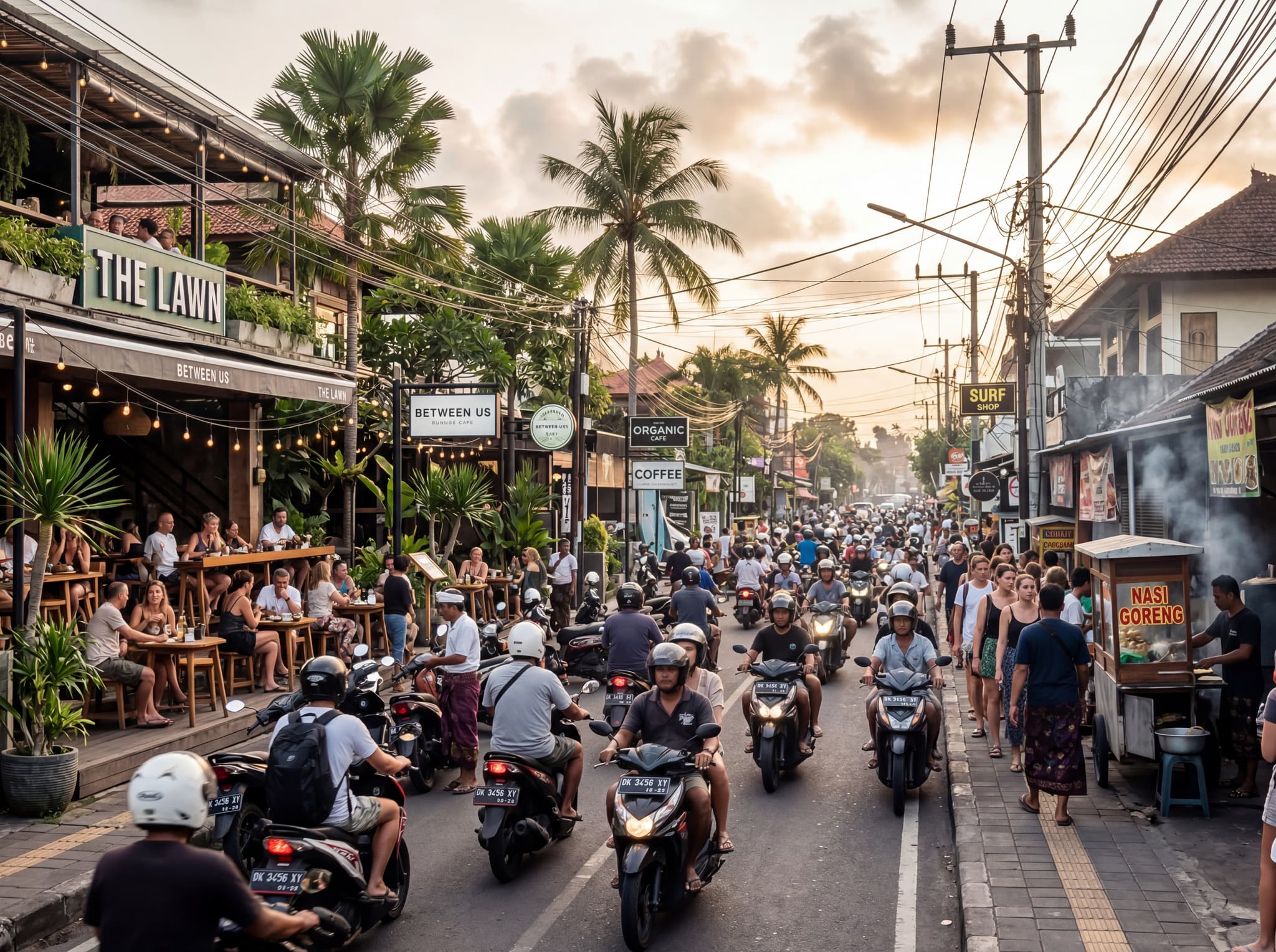 A busy Canggu street scene showing scooters, cafes, and pedestrians — illustrating the dense, buzzing character of modern Canggu that the article describes as a far cry from its quiet fishing village past