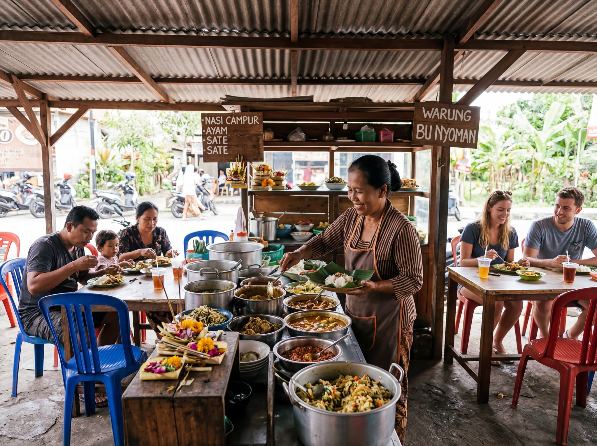A Canggu warung or local street food stall with Balinese food on display and a local vendor — illustrating the article's contrast between cheap local eating (## What It Costs.50–3 per meal at warungs) and expensive Western-style cafes