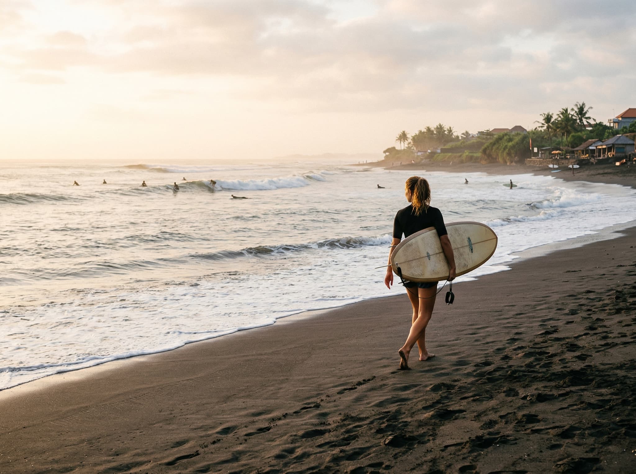 A surfer carrying a board along Canggu's black-sand beach at dawn or early morning, with small waves breaking in the background — representing the surf culture that the article identifies as Canggu's original draw and still its best feature