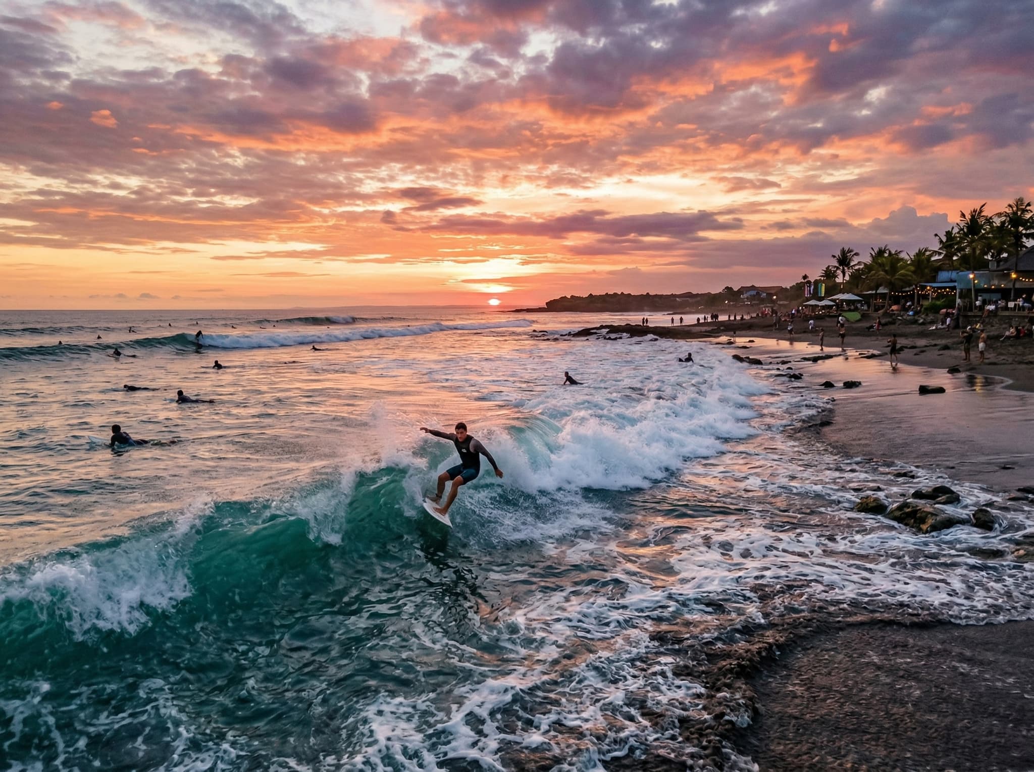 Echo Beach in Canggu at sunset, showing the surf break and dramatic sky — representing the article's recommendation of Echo Beach for intermediate-to-advanced surfers and its reputation for the best sunset views in the area