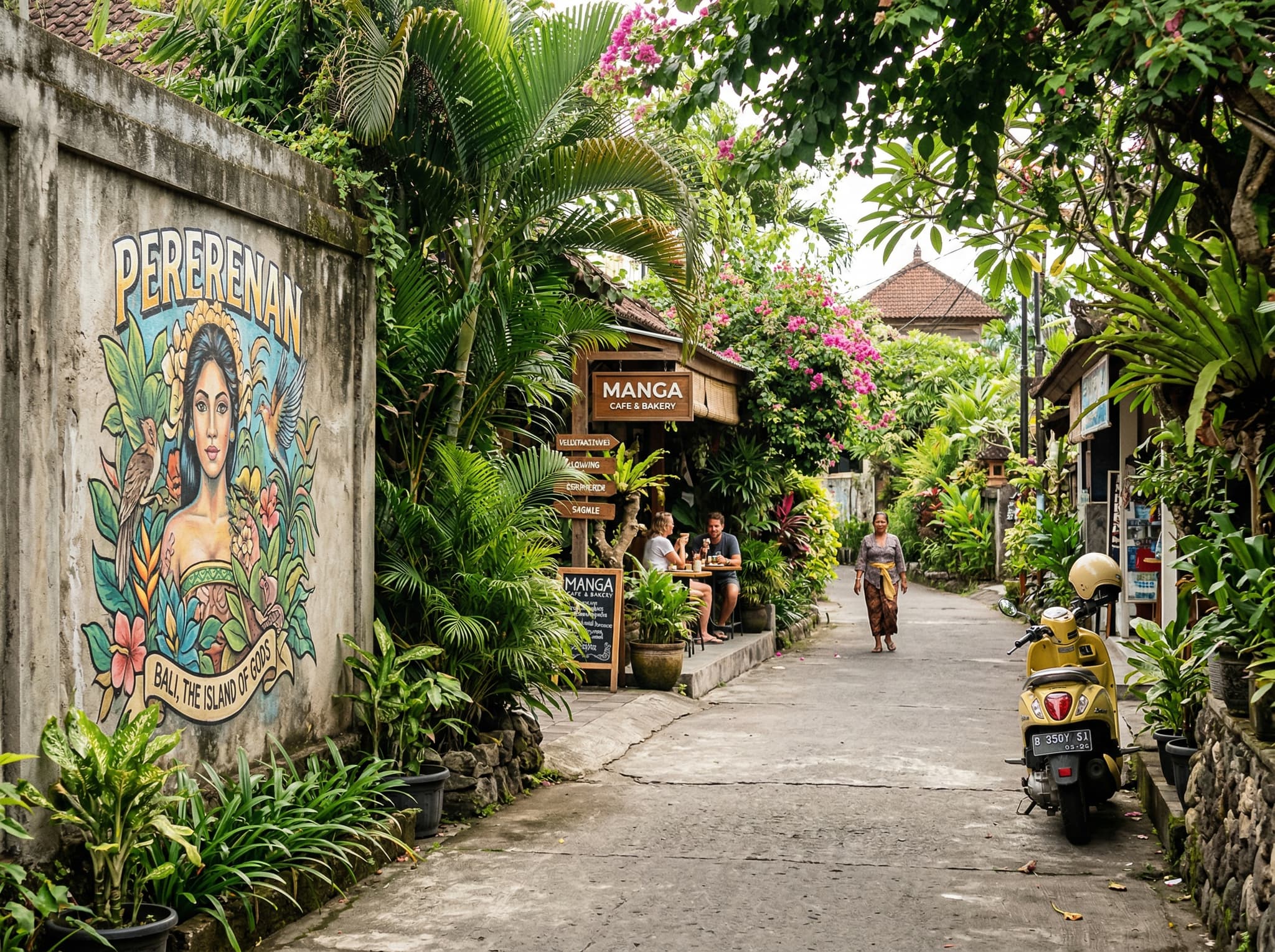 Pererenan neighborhood in Canggu — a quieter street with street art, lush greenery, and a relaxed atmosphere, illustrating the article's description of Pererenan as the neighborhood that still feels like what Canggu used to be