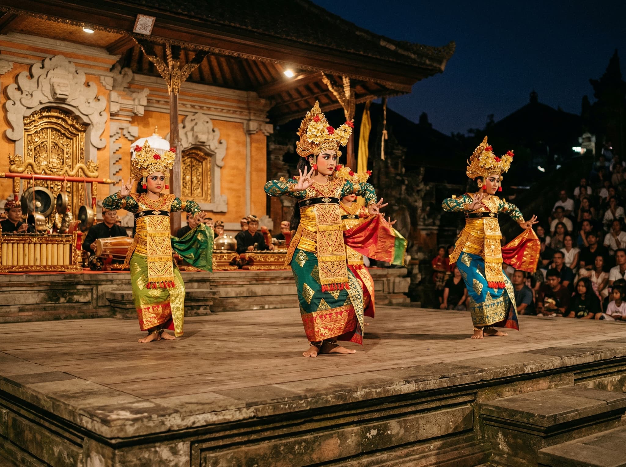 A Balinese Legong or Barong dance performance on an open-air stage in Denpasar, with dancers in elaborate gold and red ceremonial regalia — representing the classical dance traditions that define the Ardha Candra's programming