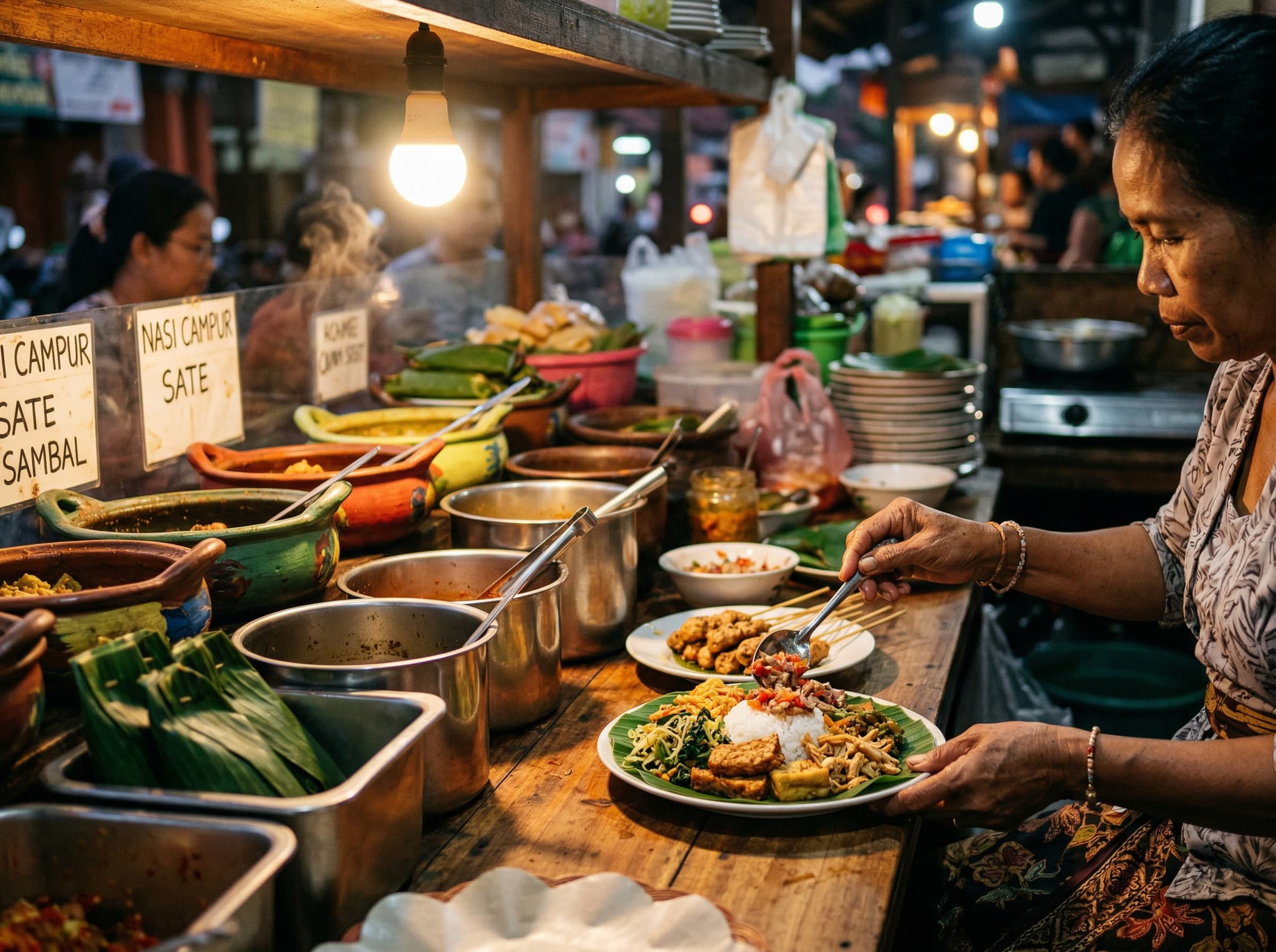 A street food vendor stall near the Taman Budaya Art Centre in Denpasar serving nasi campur or babi guling — representing the authentic local food culture that surrounds the amphitheater during major events