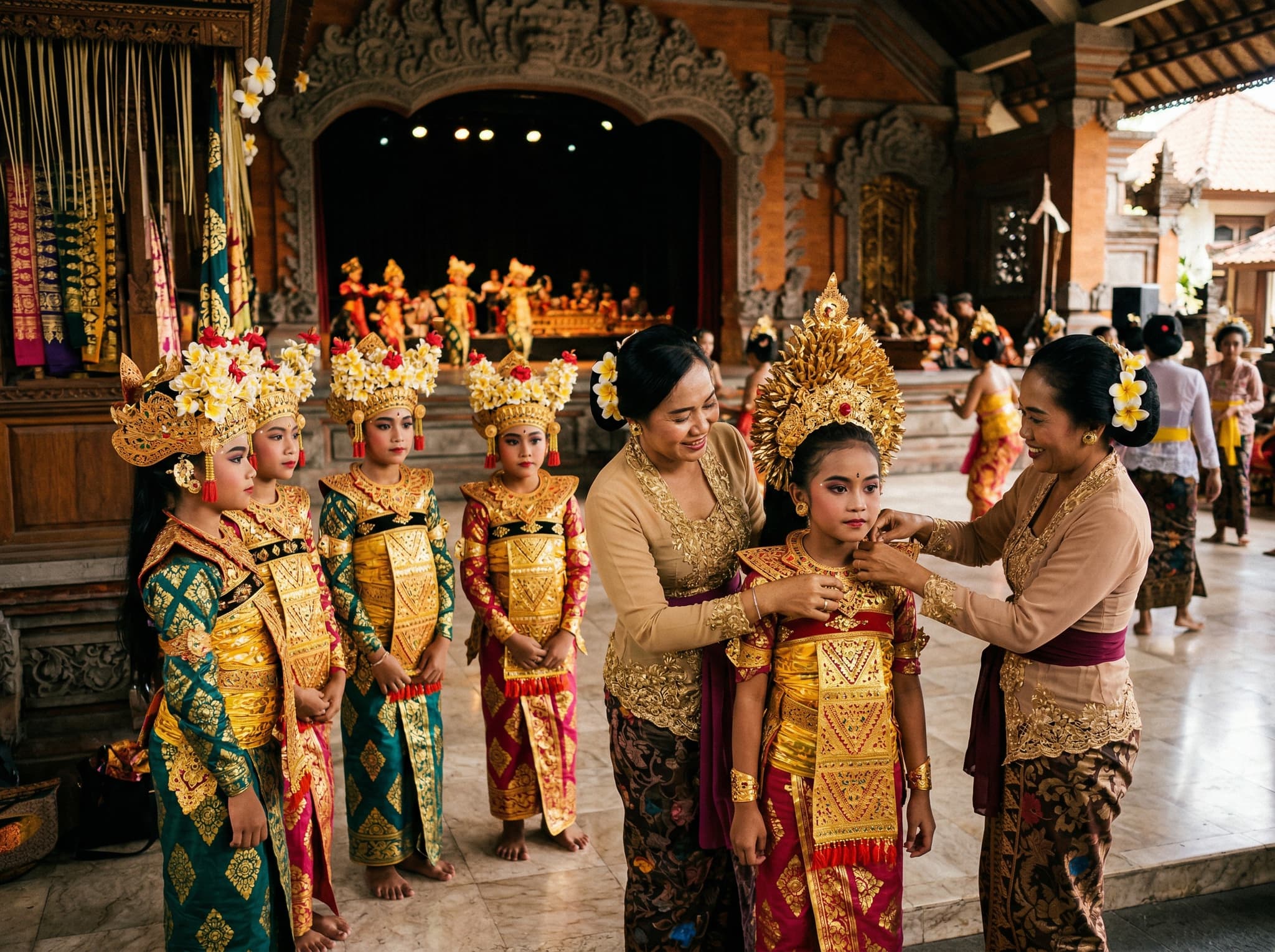 Young Balinese dancers or musicians rehearsing or competing at the Taman Budaya Art Centre in Denpasar — illustrating the amphitheater's role as a living institution for preserving and passing on Balinese performing arts traditions