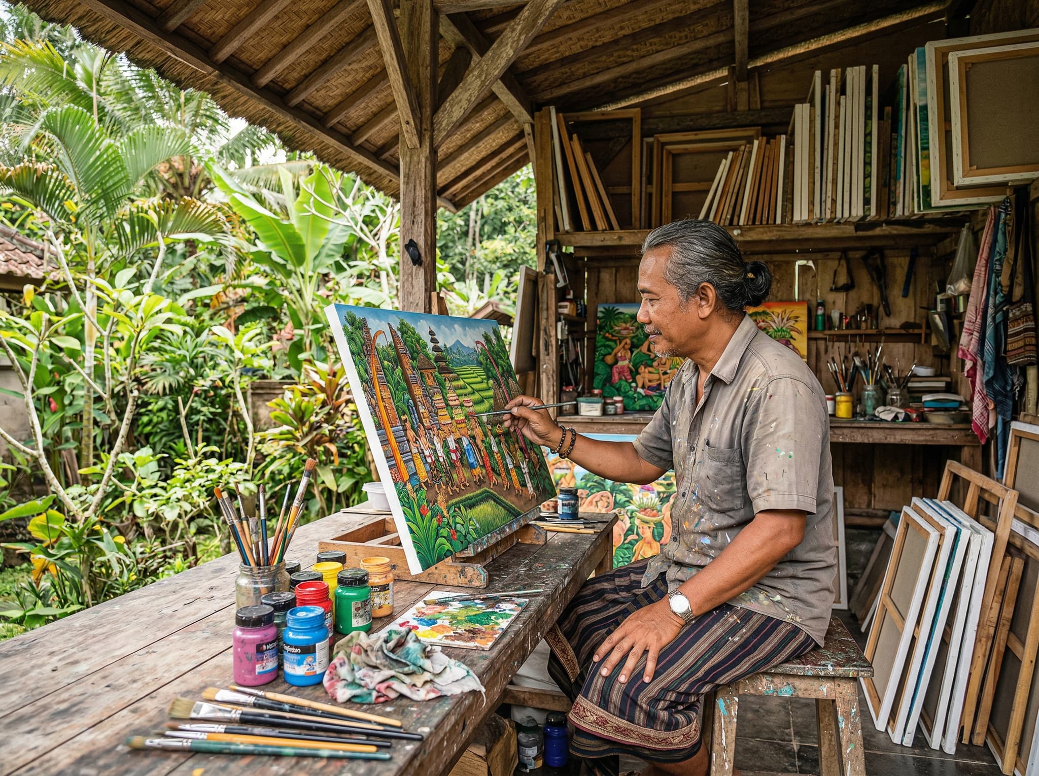 A Balinese painter working in an open-air studio in Penestanan, Ubud — referencing the village's legacy as the birthplace of the Young Artists Style movement founded under Dutch painter Arie Smit in the late 1950s