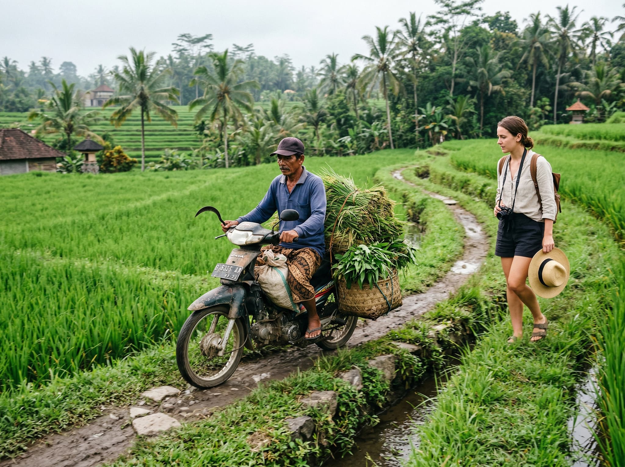 A local Balinese farmer navigating a narrow rice field path on a scooter in Penestanan, Ubud — illustrating the working agricultural landscape that visitors share with residents during the rice field walk