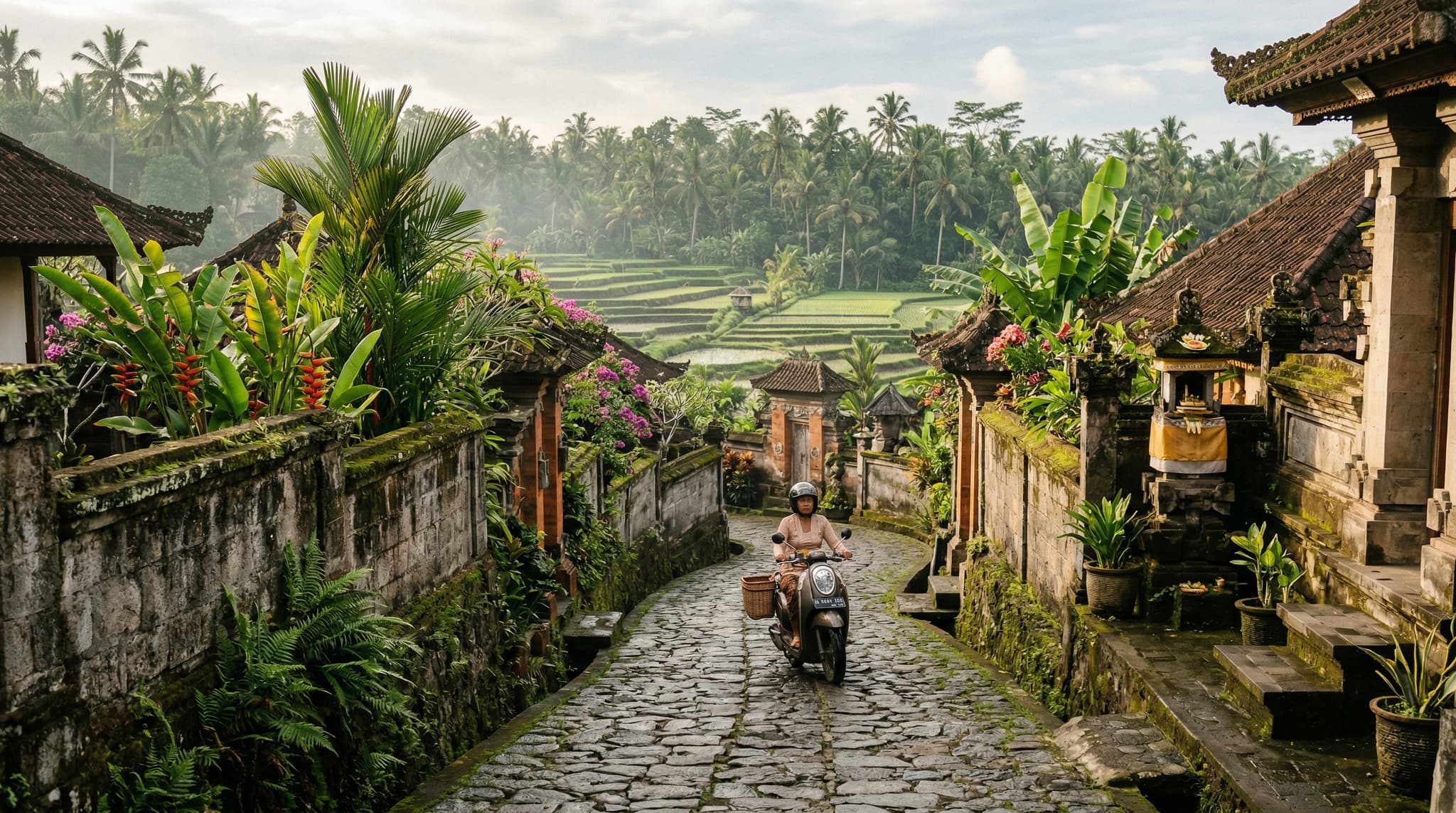 A narrow stone-paved lane through Penestanan village on Ubud's western ridge, flanked by low stone walls and lush tropical vegetation, with terraced rice fields visible in the background — establishing the quiet, off-the-beaten-path character of this Balinese artist village
